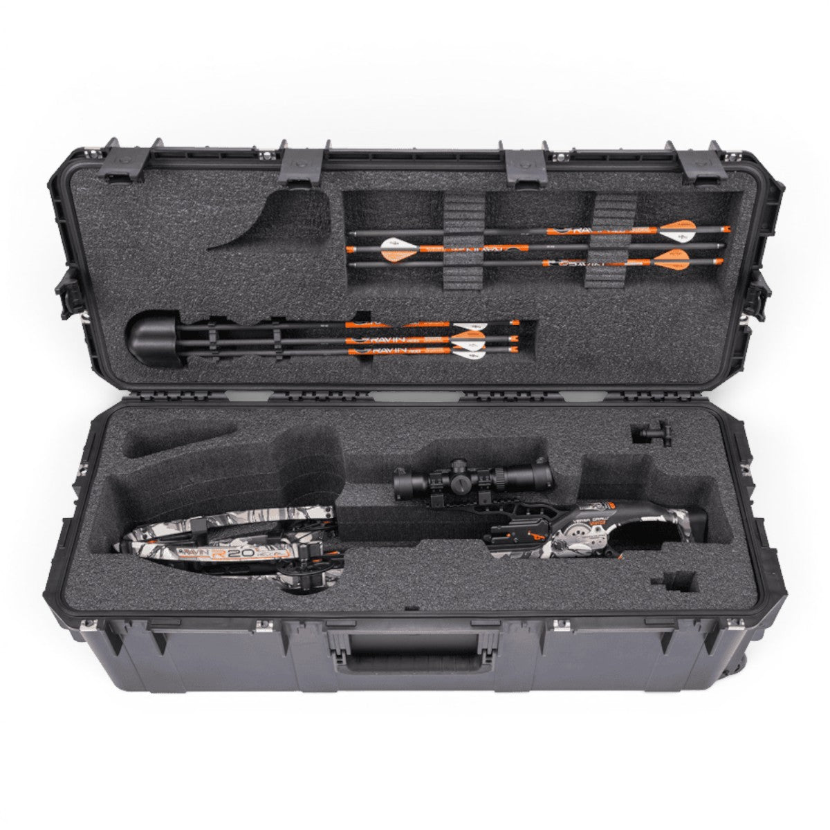 SKB Cases iSeries 3613-12 waterproof crossbow case with custom foam interior holding a Ravin crossbow and arrows.