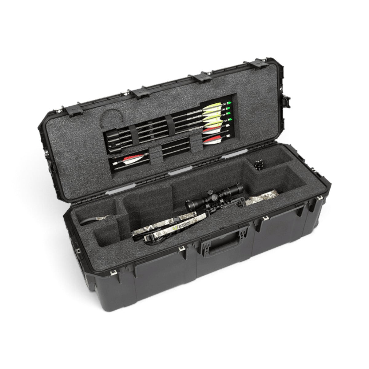 SKB Cases iSeries 3913-12 waterproof crossbow case with custom foam interior holding a TenPoint crossbow and arrows.