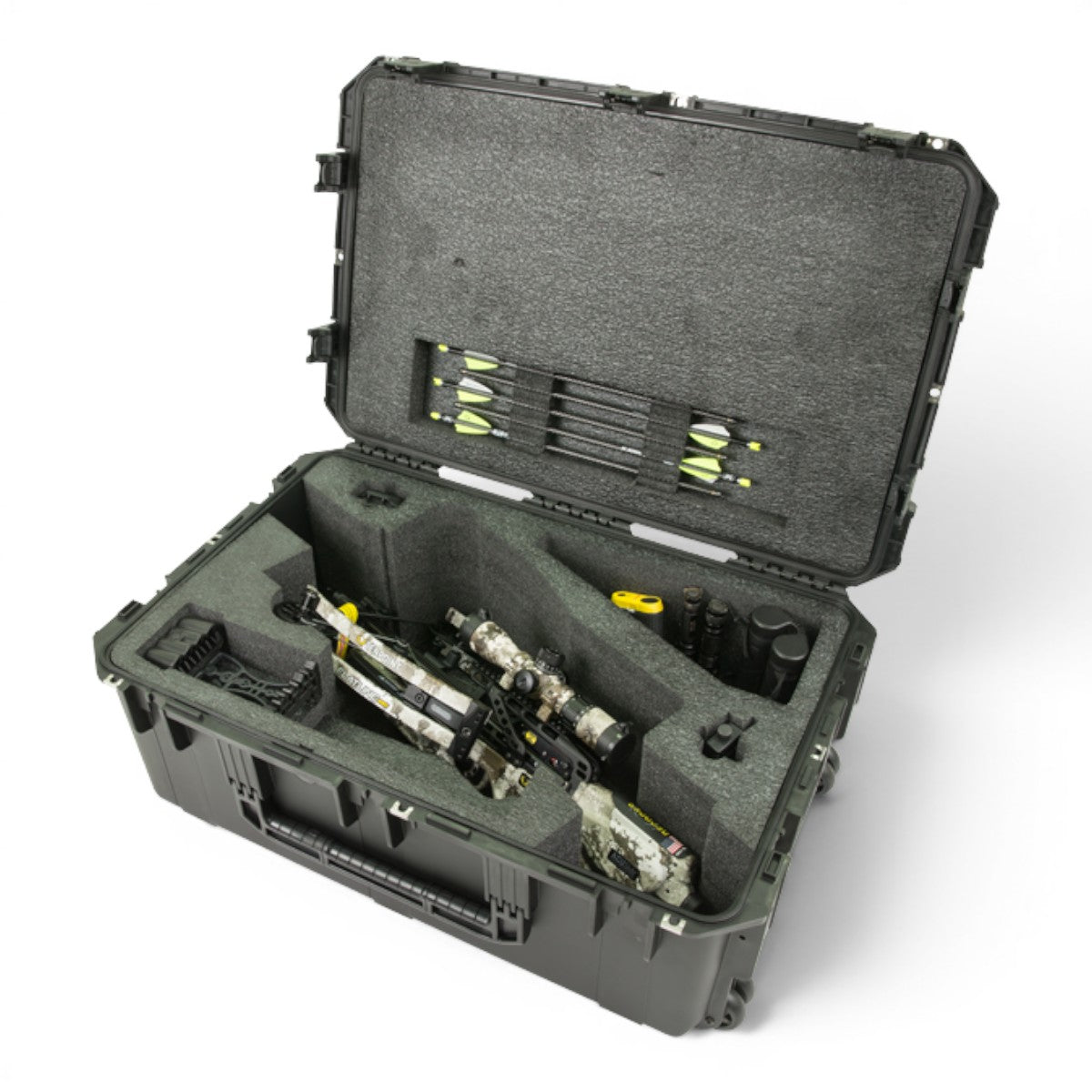 SKB Cases iSeries crossbow case with custom foam interior holding a TenPoint crossbow and arrows in a black hard shell.