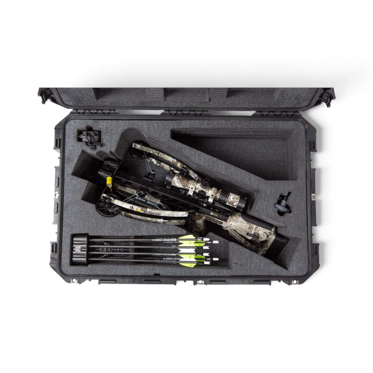 SKB Cases iSeries crossbow hard case with precision foam interior holding a TenPoint Havoc crossbow and quiver.