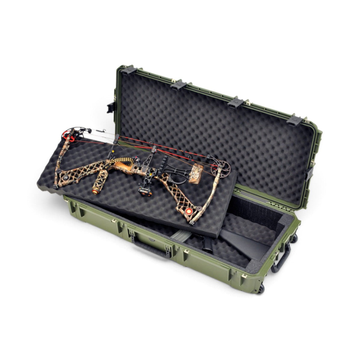SKB Cases iSeries 4217-7 olive green waterproof hard case with a compound bow and rifle stored in foam inserts