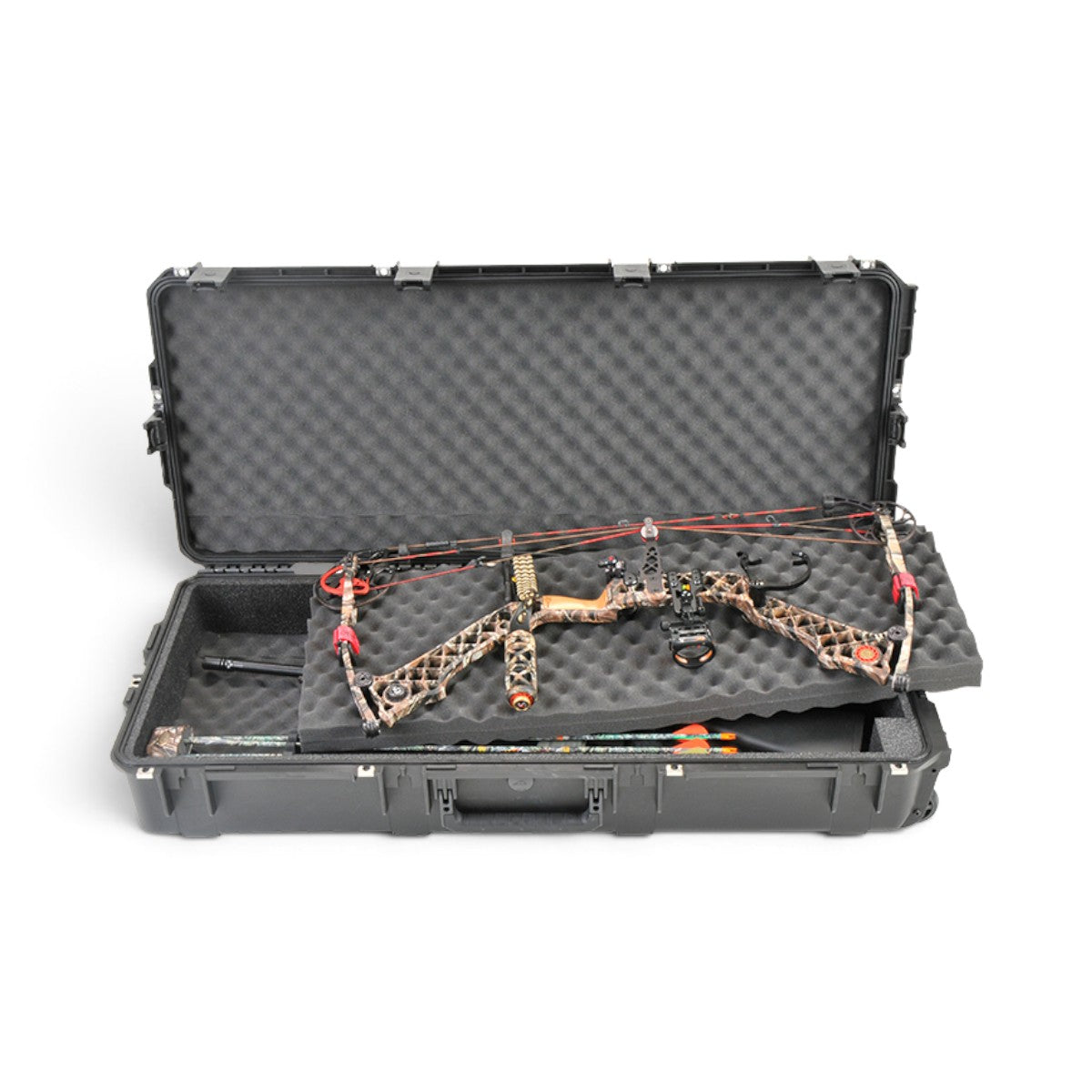 SKB Cases iSeries 4217-7 waterproof hard case with foam interior holding a compound bow and arrows.