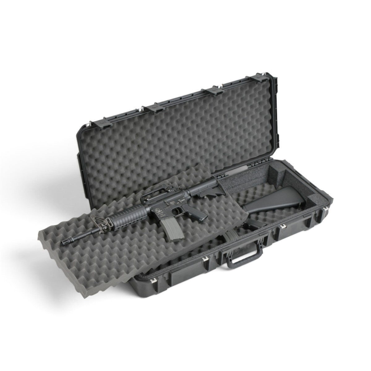 SKB Cases iSeries 3614-6 waterproof rifle case with two M4 rifles stored in a protective foam bunk-bed system.