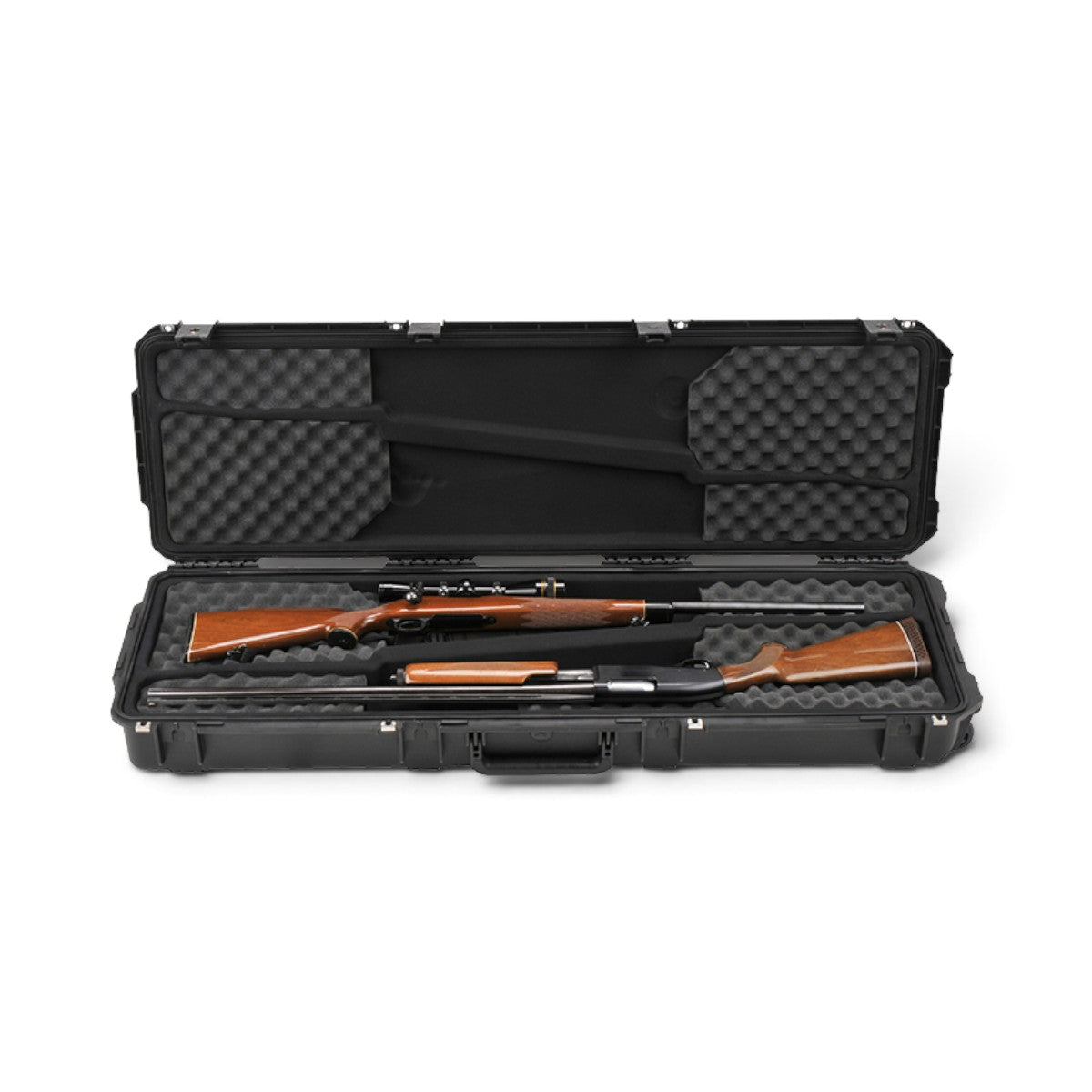SKB Cases iSeries 5014-6 double rifle case in black with foam interior holding two rifles against a white background