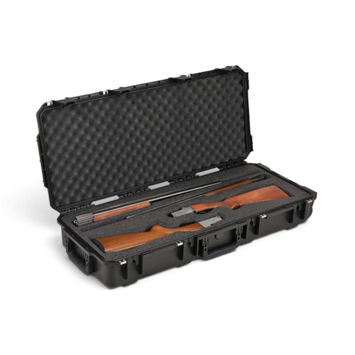SKB Cases iSeries 3614-6 double breakdown shotgun case with custom foam interior holding two disassembled shotguns.
