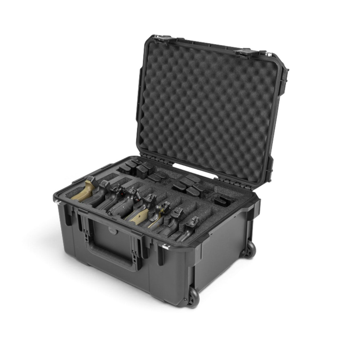 SKB Cases iSeries 2015-10 black waterproof hard case with foam interior holding eight handguns and multiple magazines.