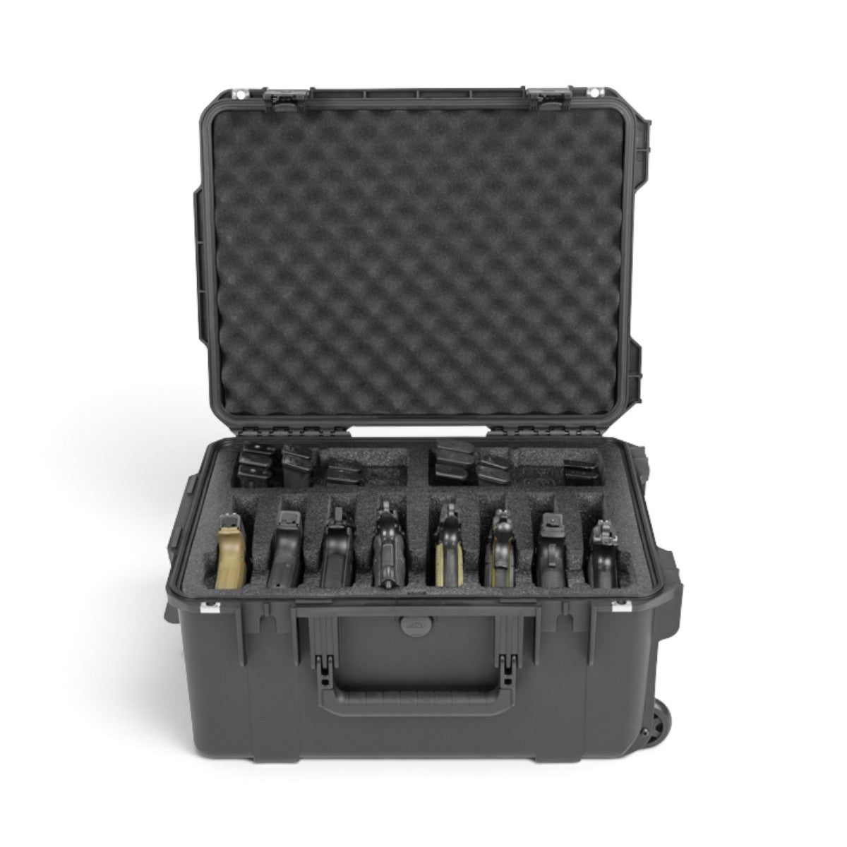 SKB Cases iSeries 2015-10 watertight black hard case holding eight handguns and 24 magazines in custom foam inserts.