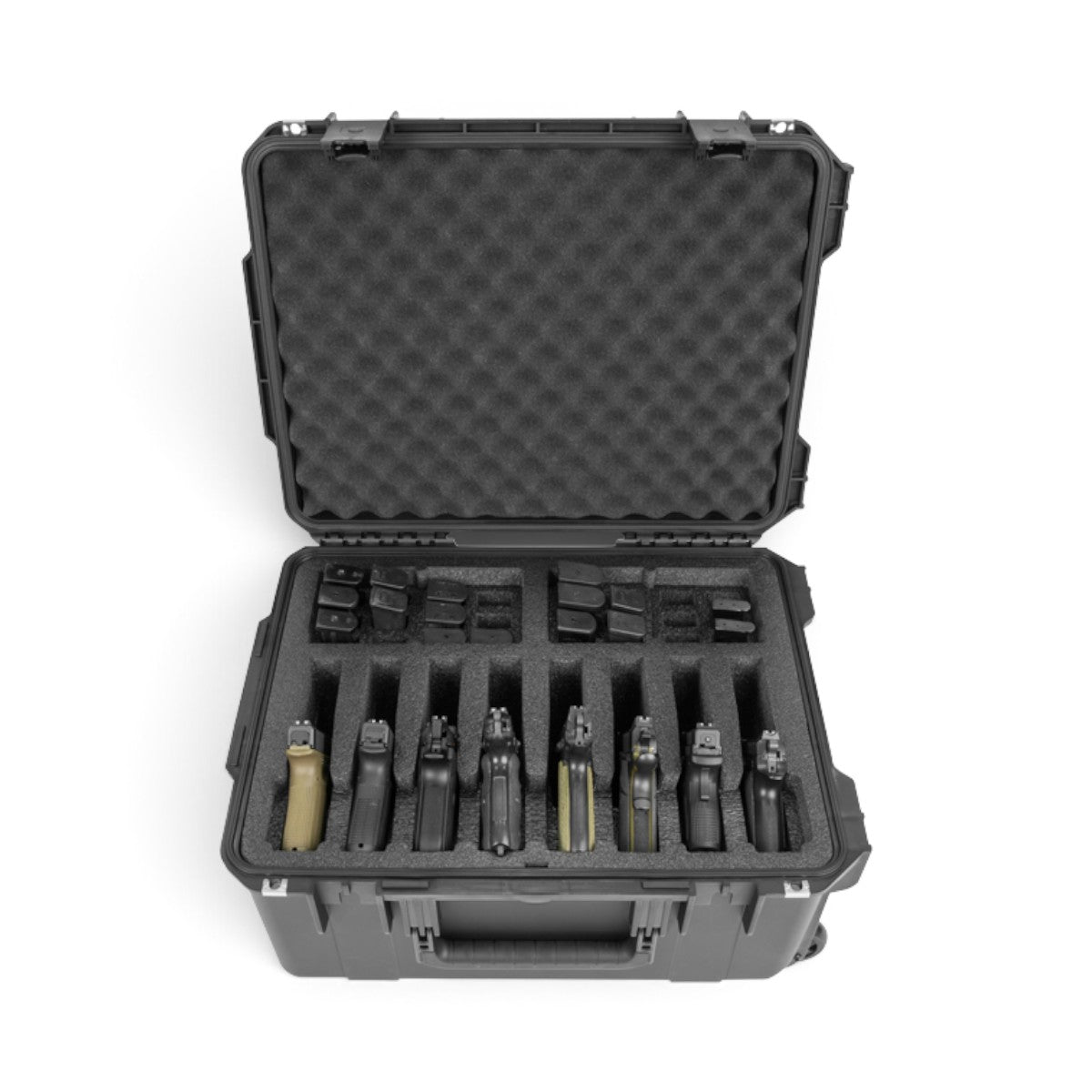 SKB Cases iSeries 2015-10 watertight black hard case with foam interior holding eight handguns and 24 magazines.