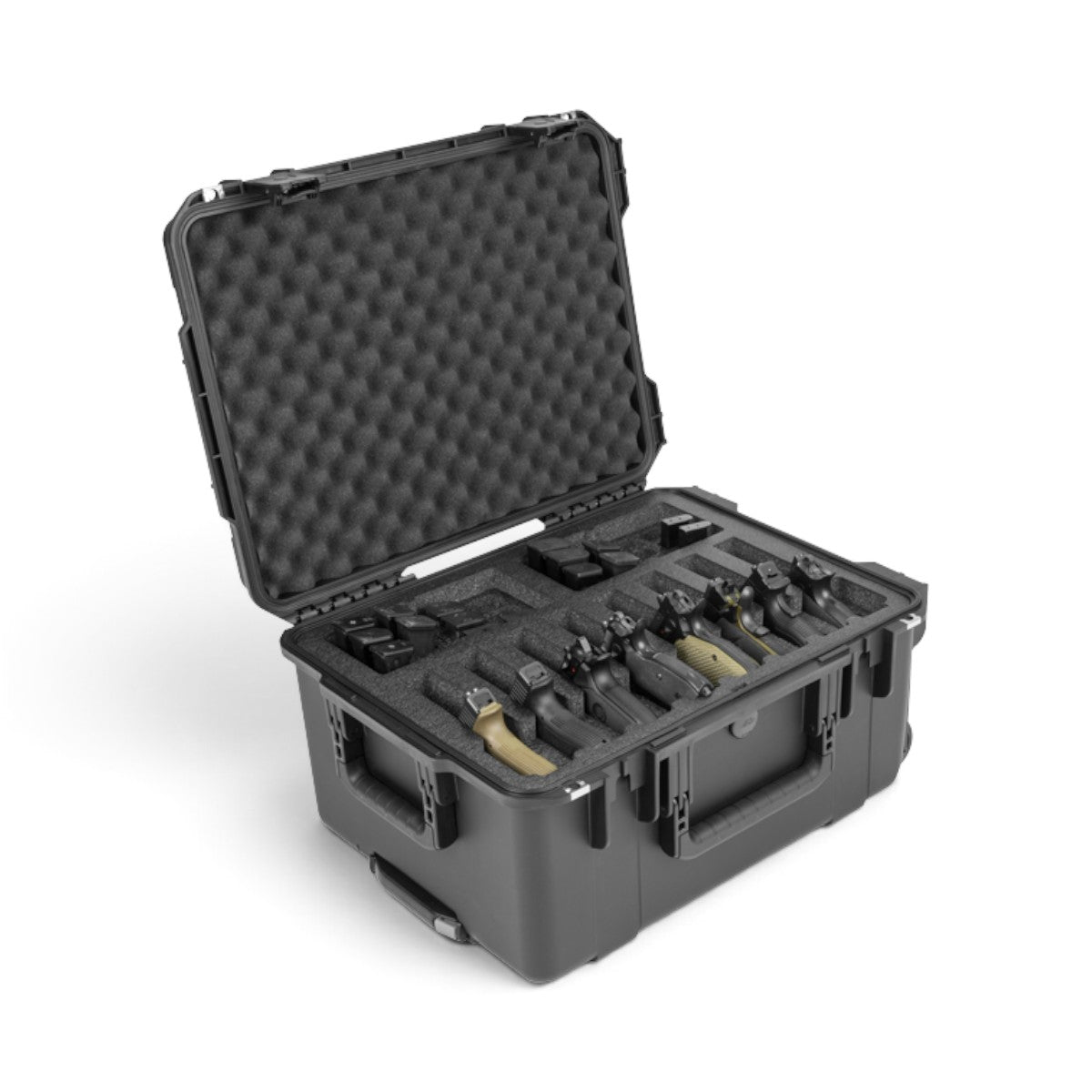 SKB Cases iSeries 2015-10 watertight black injection molded case with custom foam interior holding eight handguns.
