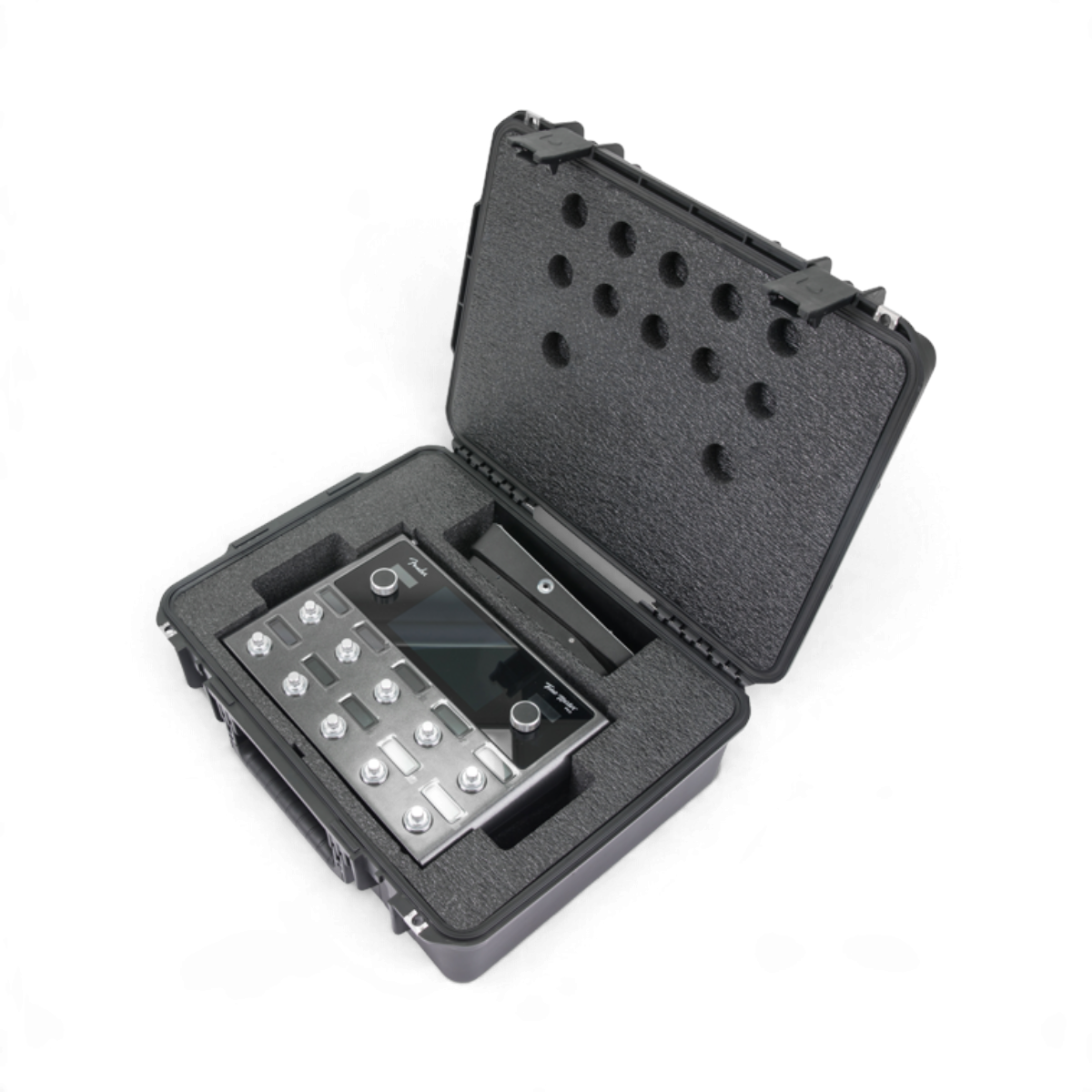 SKB Cases iSeries hard shell case with custom foam interior holding a Fender Tone Master Pro guitar workstation