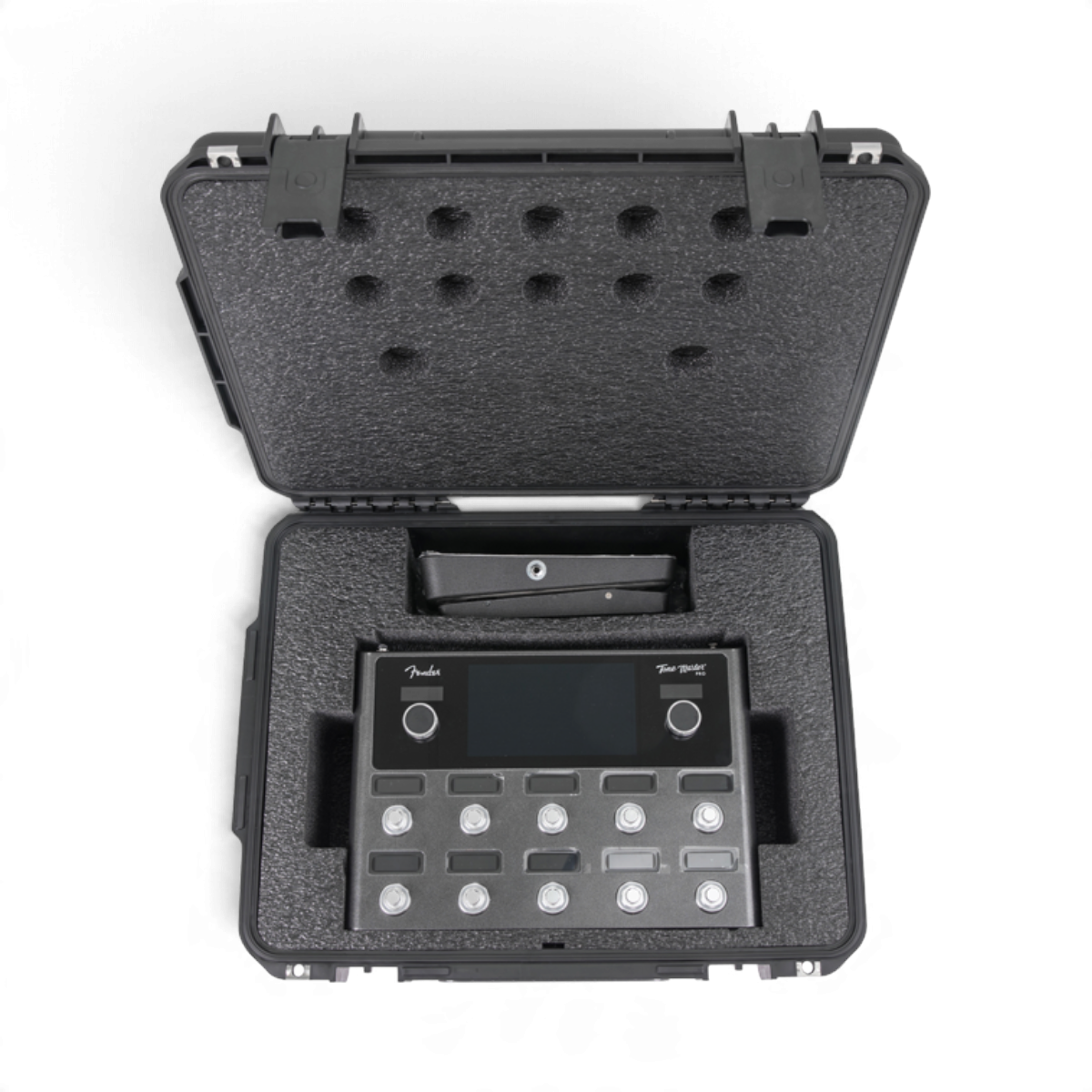 SKB Cases iSeries hard case with custom foam interior holding a Fender Tone Master Pro and expression pedal