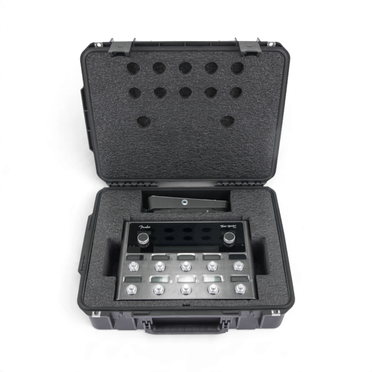 SKB Cases iSeries hard shell case with custom foam interior holding a Fender Tone Master Pro and expression pedal