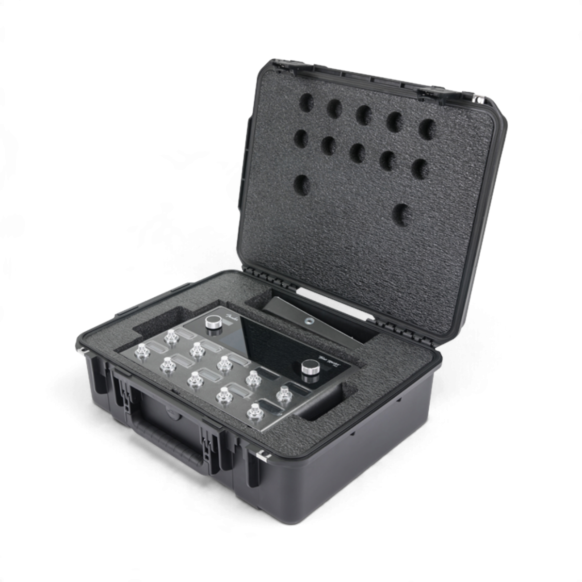 SKB Cases iSeries hard shell case with custom foam interior holding a Fender Tone Master Pro guitar workstation