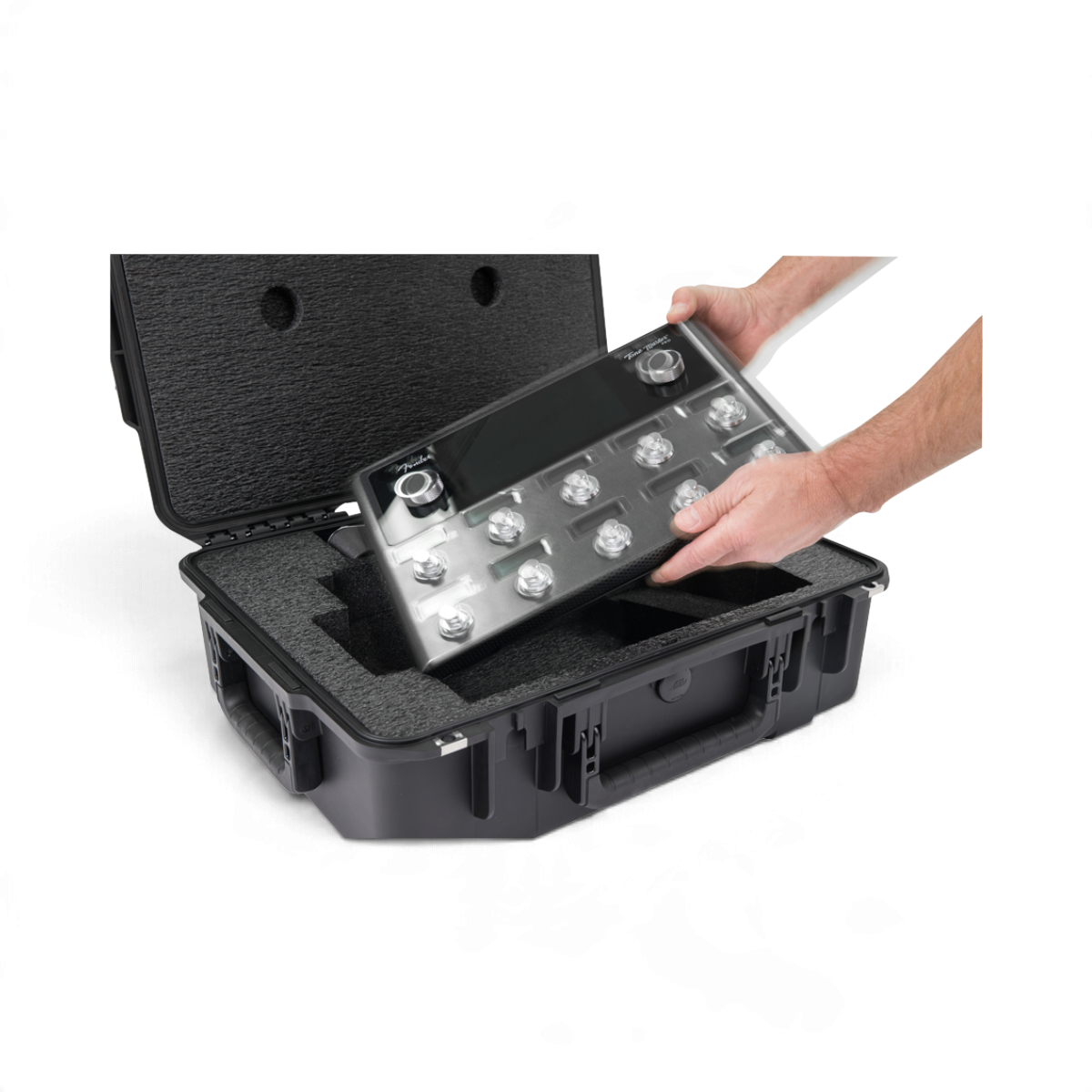 SKB Cases iSeries hard shell case with custom foam interior holding a Fender Tone Master Pro guitar workstation