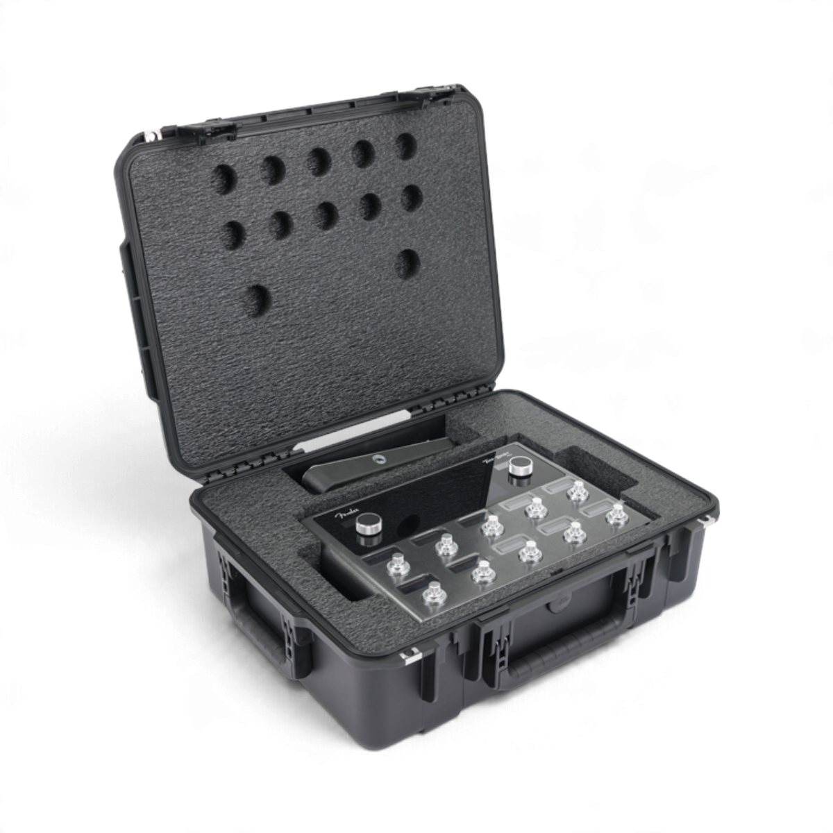 SKB Cases iSeries hard shell case with custom foam interior holding a Fender Tone Master Pro guitar workstation