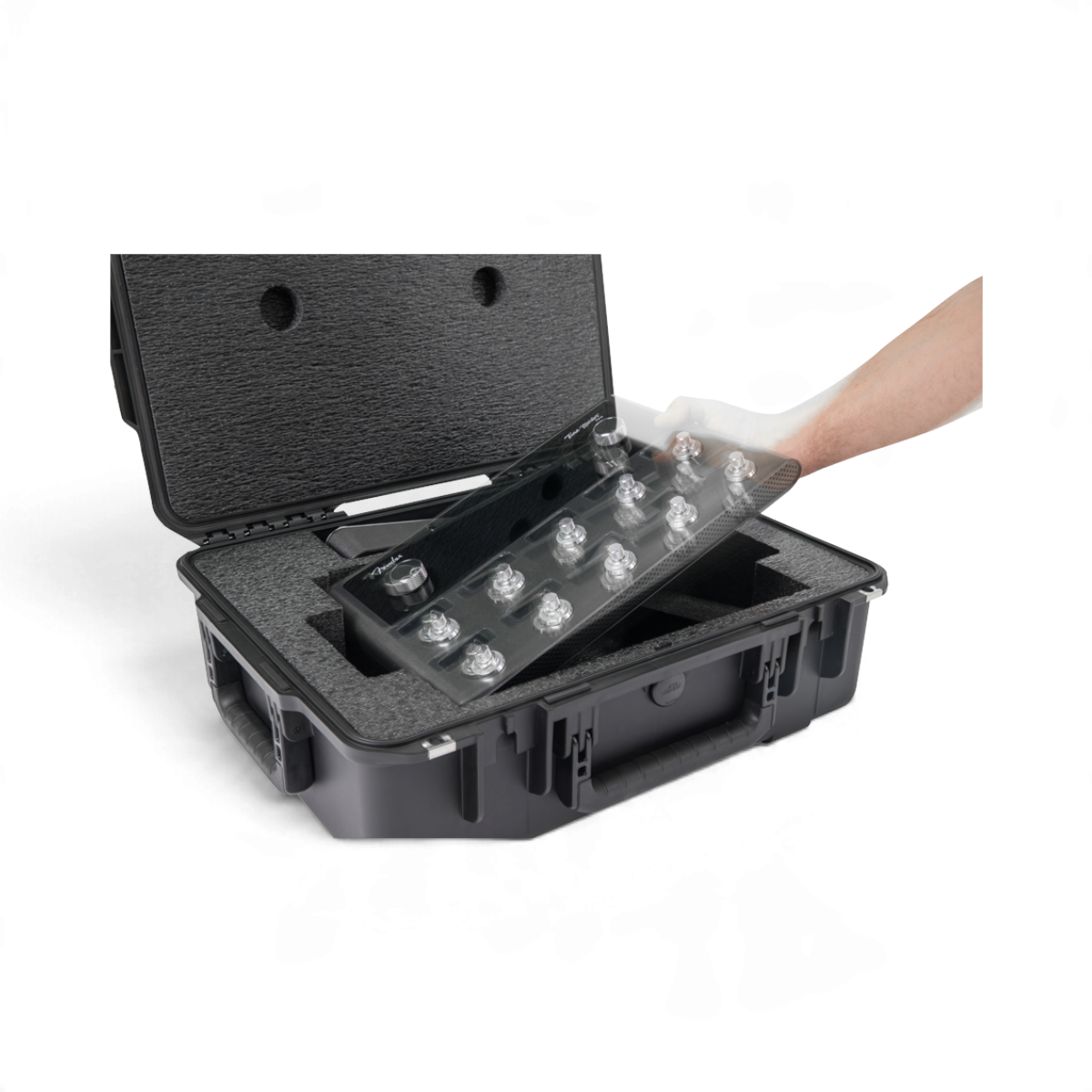 SKB Cases iSeries Fender Tone Master Pro hard case with custom foam interior and accessory storage compartments
