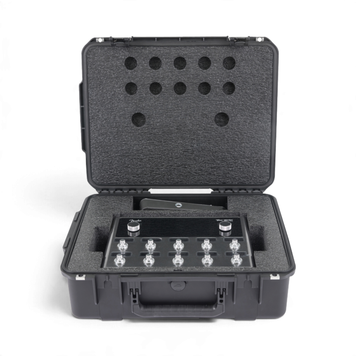 SKB Cases iSeries hard shell case with custom foam interior holding a Fender Tone Master Pro guitar workstation.