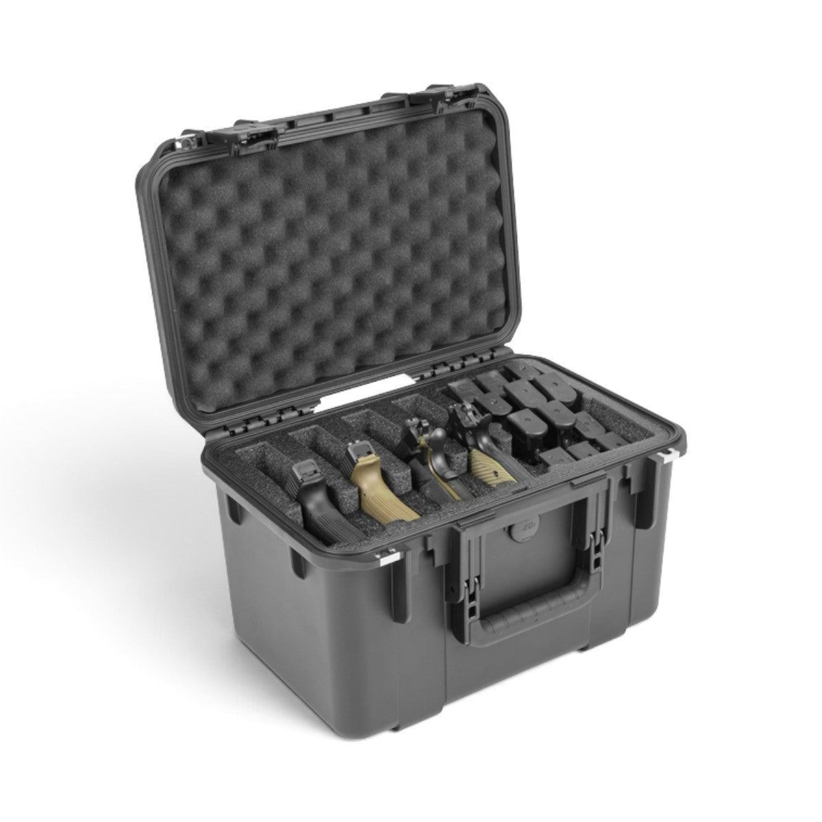 SKB Cases iSeries 1610-10 black waterproof hard case with custom foam interior holding four handguns and magazines.