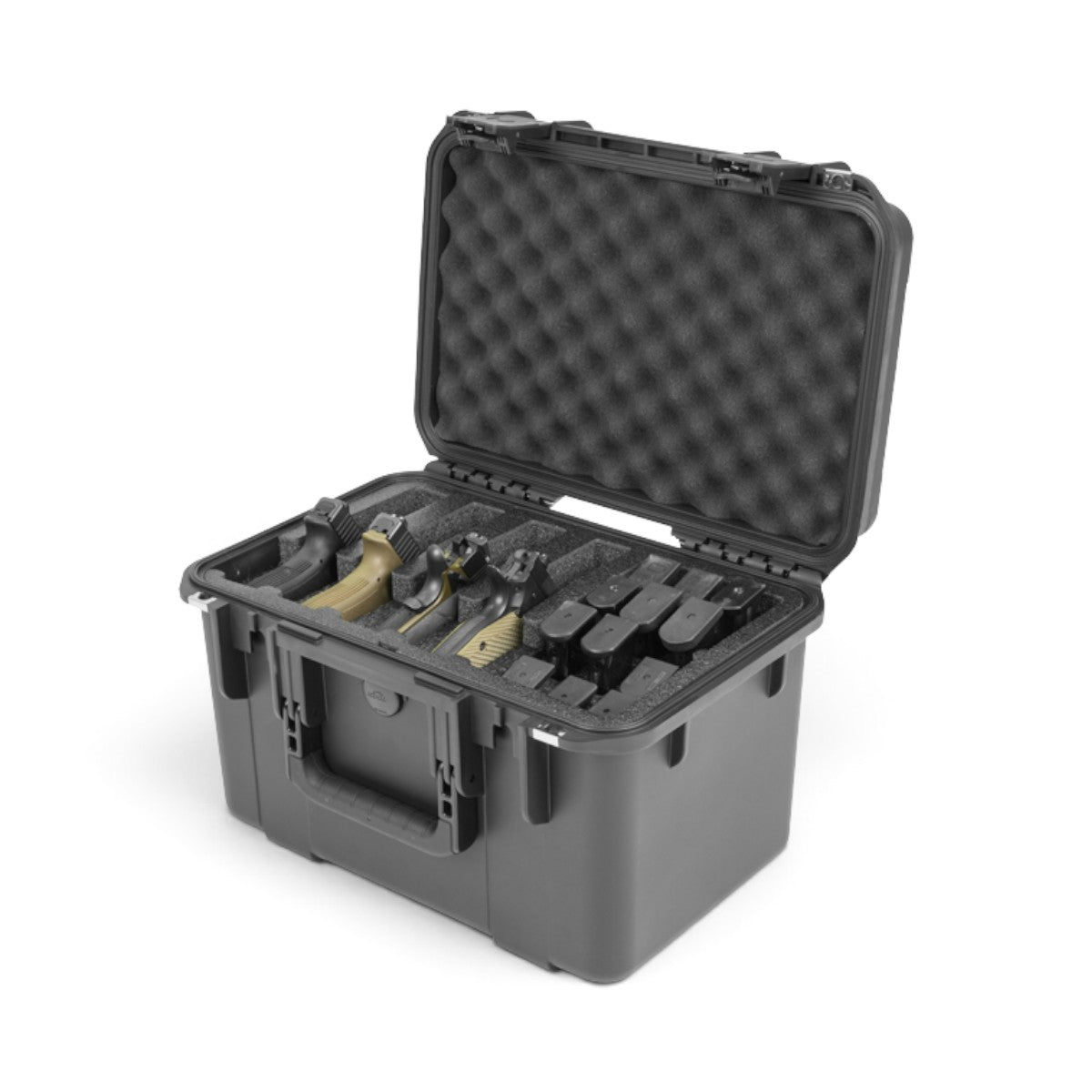 SKB Cases iSeries 1610-10 black waterproof hard case holding four handguns and eight magazines in custom foam inserts.
