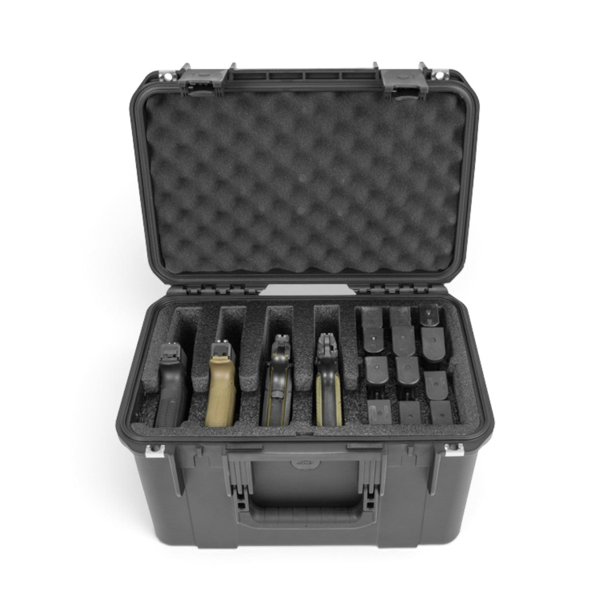 SKB Cases iSeries 1610-10 watertight black injection molded case holding four handguns and eight magazines in foam
