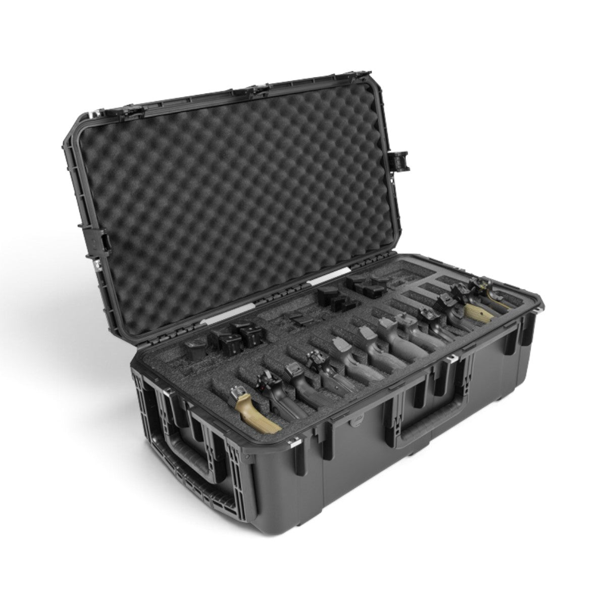 SKB Cases iSeries 3016-10 black watertight handgun case with custom foam interior holding 12 pistols and magazines