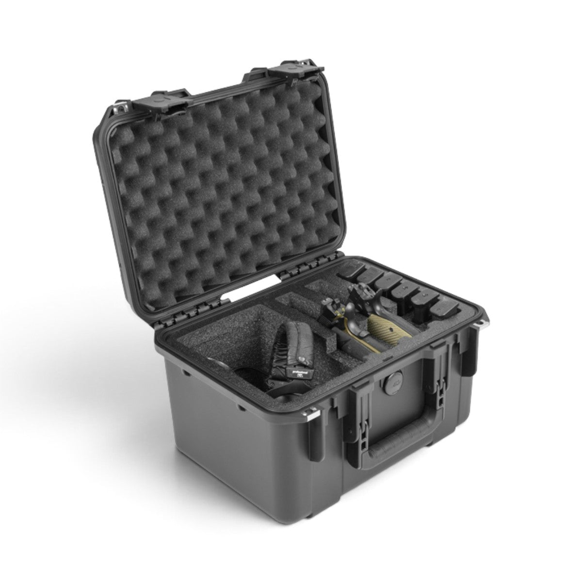 SKB Cases iSeries 1510-9 black waterproof handgun case with open lid showing custom foam interior for two pistols