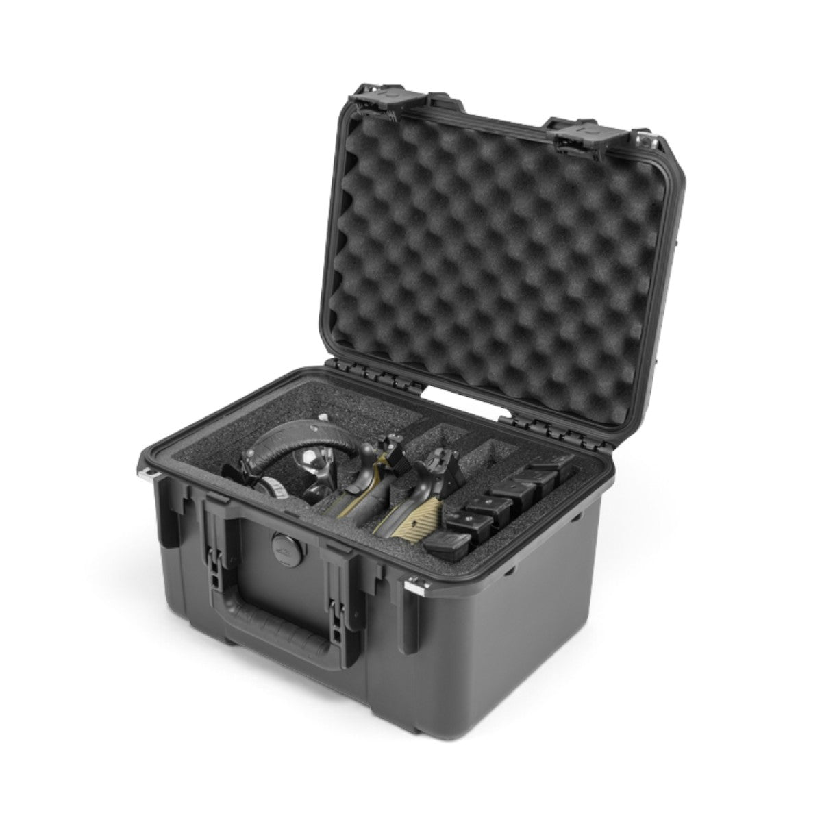 SKB Cases iSeries 1510-9 black watertight handgun case with custom foam interior holding two pistols and magazines