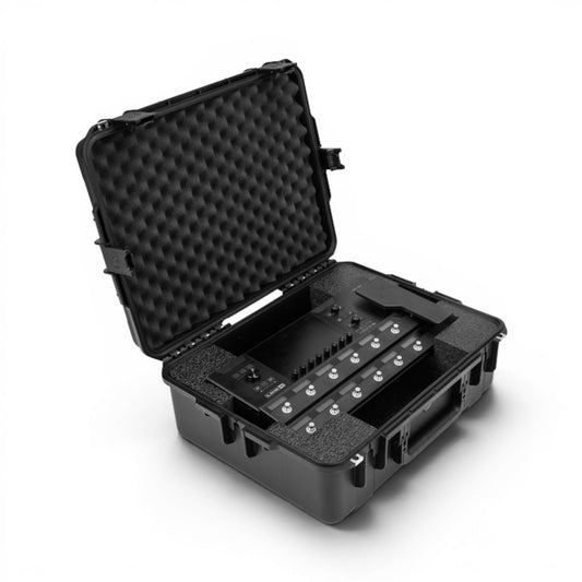 SKB Cases iSeries waterproof hard case with custom foam interior holding a Line 6 Helix Stadium XL processor