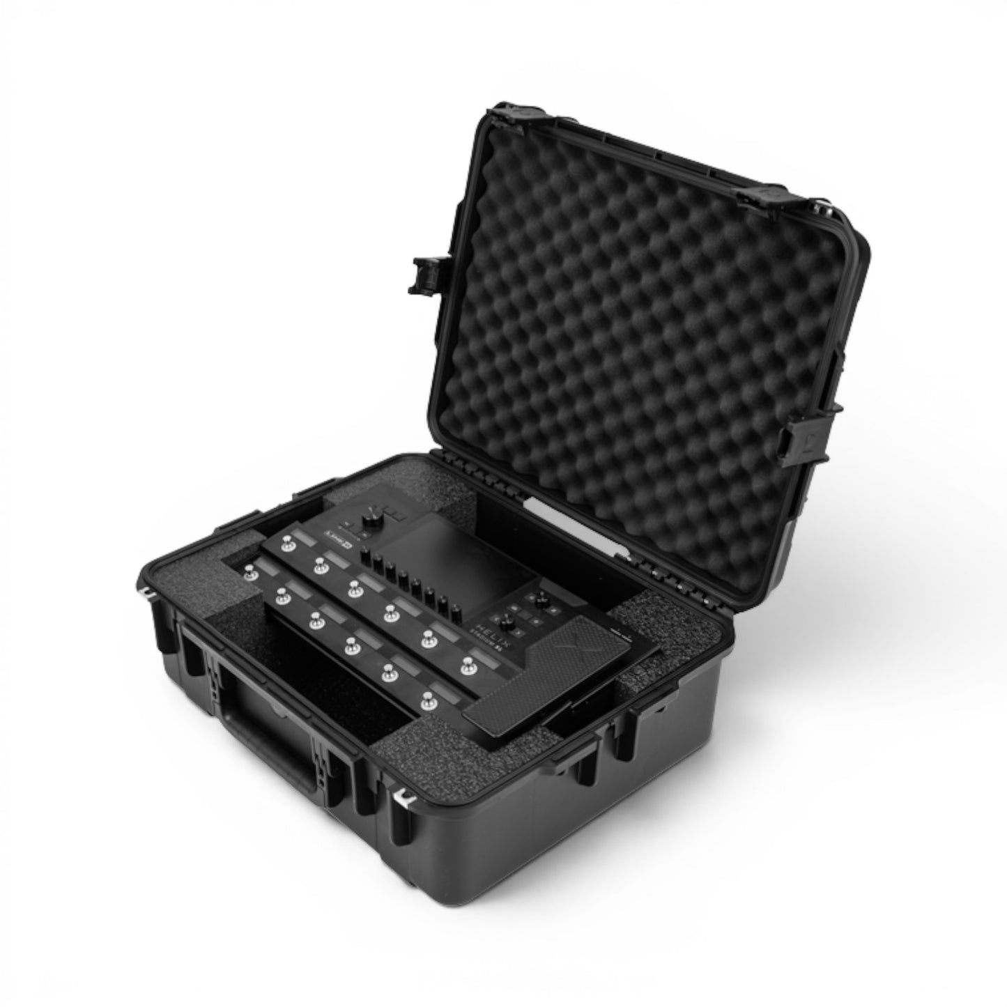 SKB Cases iSeries waterproof hard case with custom foam interior holding a Line 6 Helix Stadium XL processor.