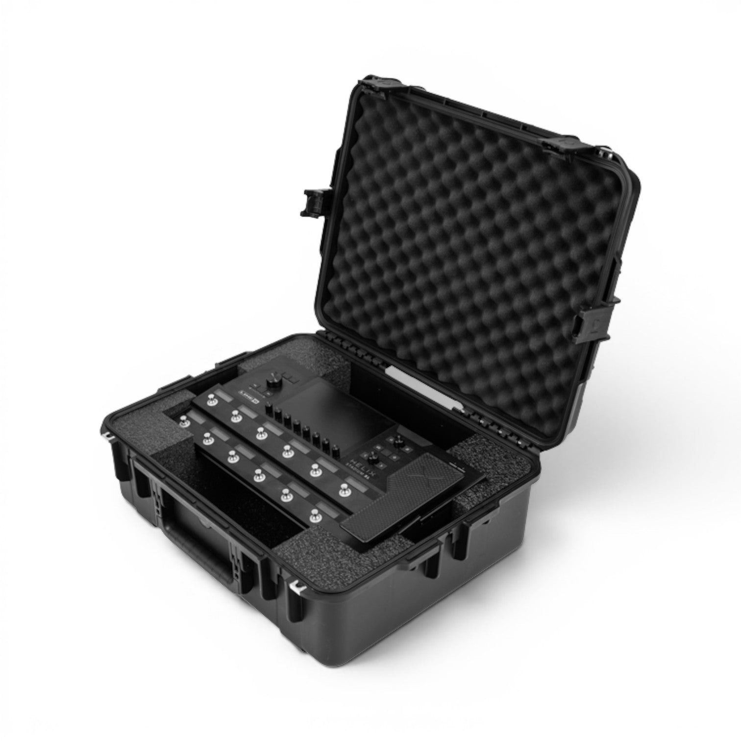 SKB Cases iSeries waterproof hard case with custom foam interior holding a Line 6 Helix Stadium XL processor.