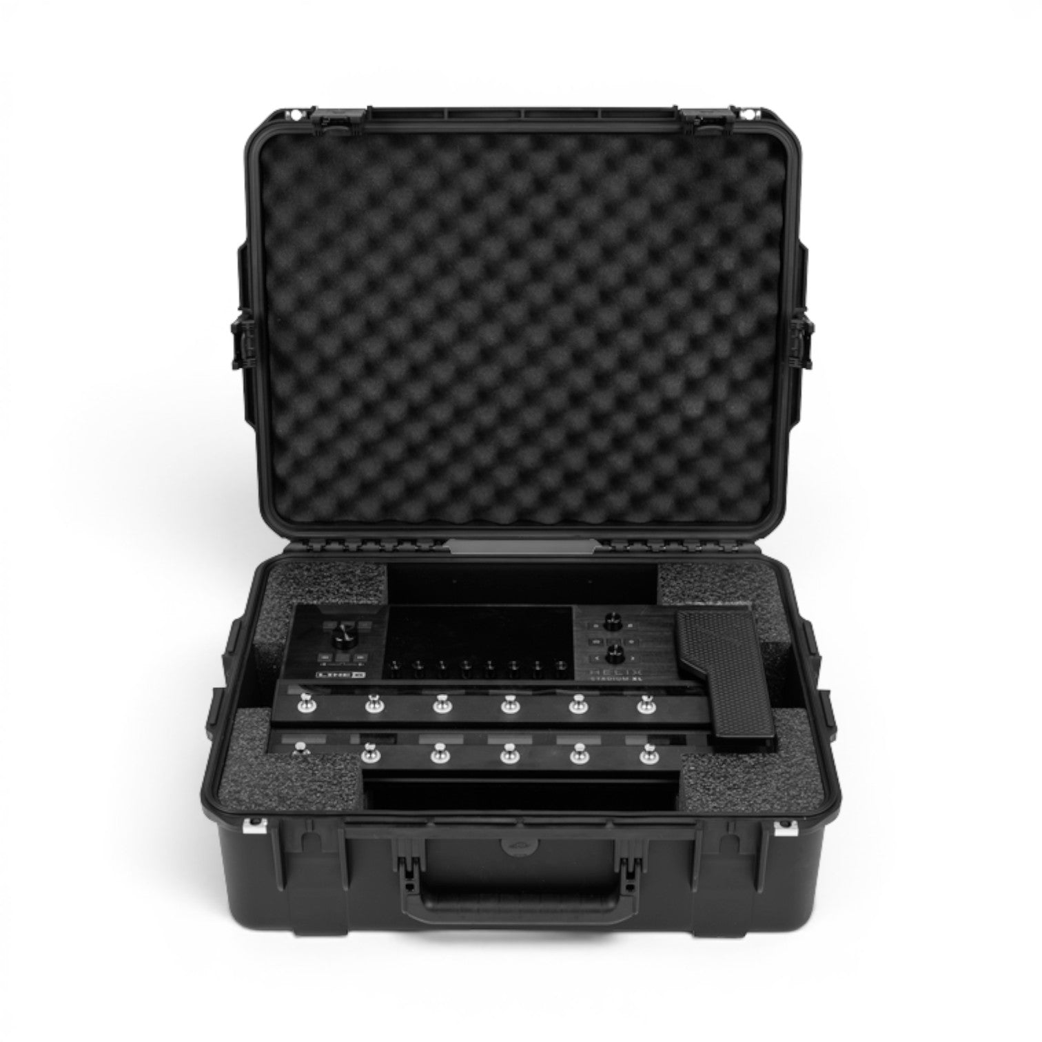 SKB Cases iSeries waterproof hard case with custom foam interior holding a Line 6 Helix Stadium XL processor.