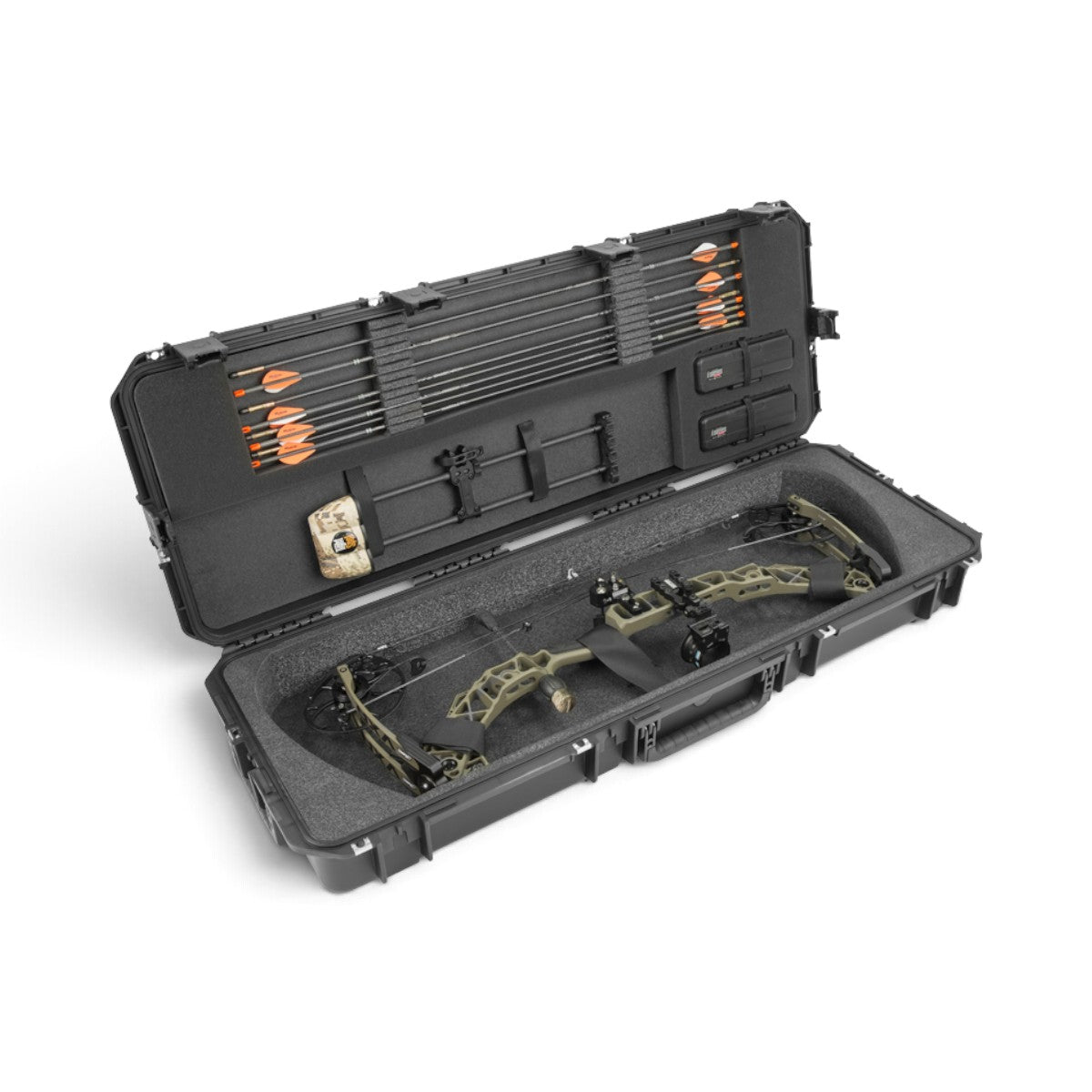SKB Cases iSeries 4214-5 waterproof hard bow case containing a Hoyt parallel limb bow and arrows in foam inserts.