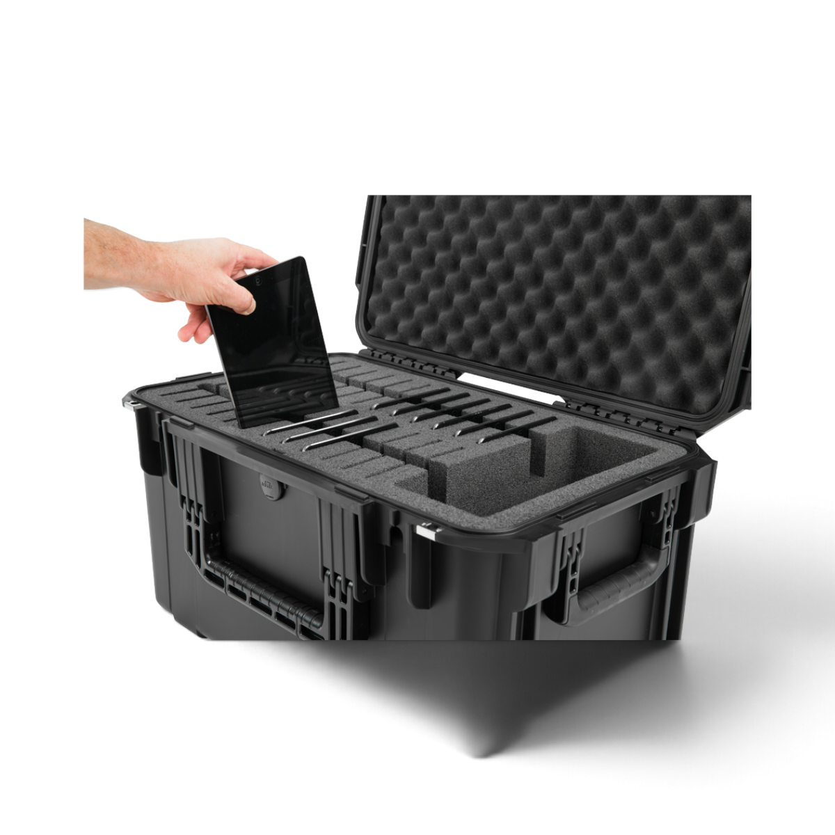 SKB Cases iSeries 2213-12 waterproof hard case with foam interior for 24 iPad Mini tablets, shown with hand inserting device.