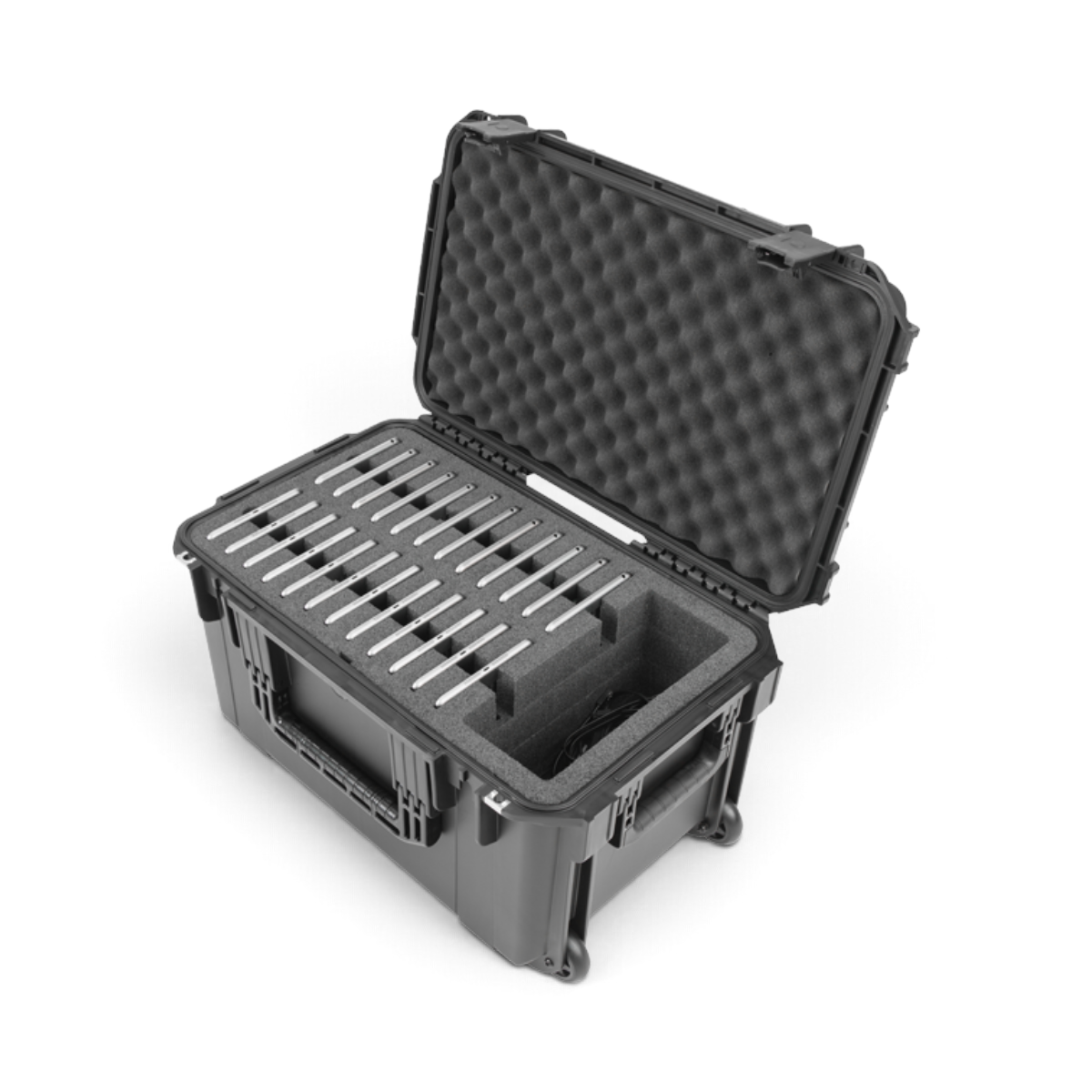 SKB Cases iSeries 2213-12 waterproof rolling case with foam interior for 24 iPad Mini tablets in black.
