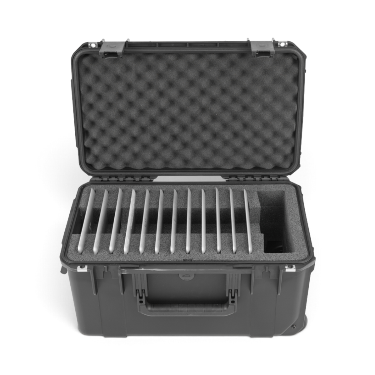 SKB Cases iSeries 2011-10 waterproof hard case with foam interior for 12 iPads, featuring a black molded shell.