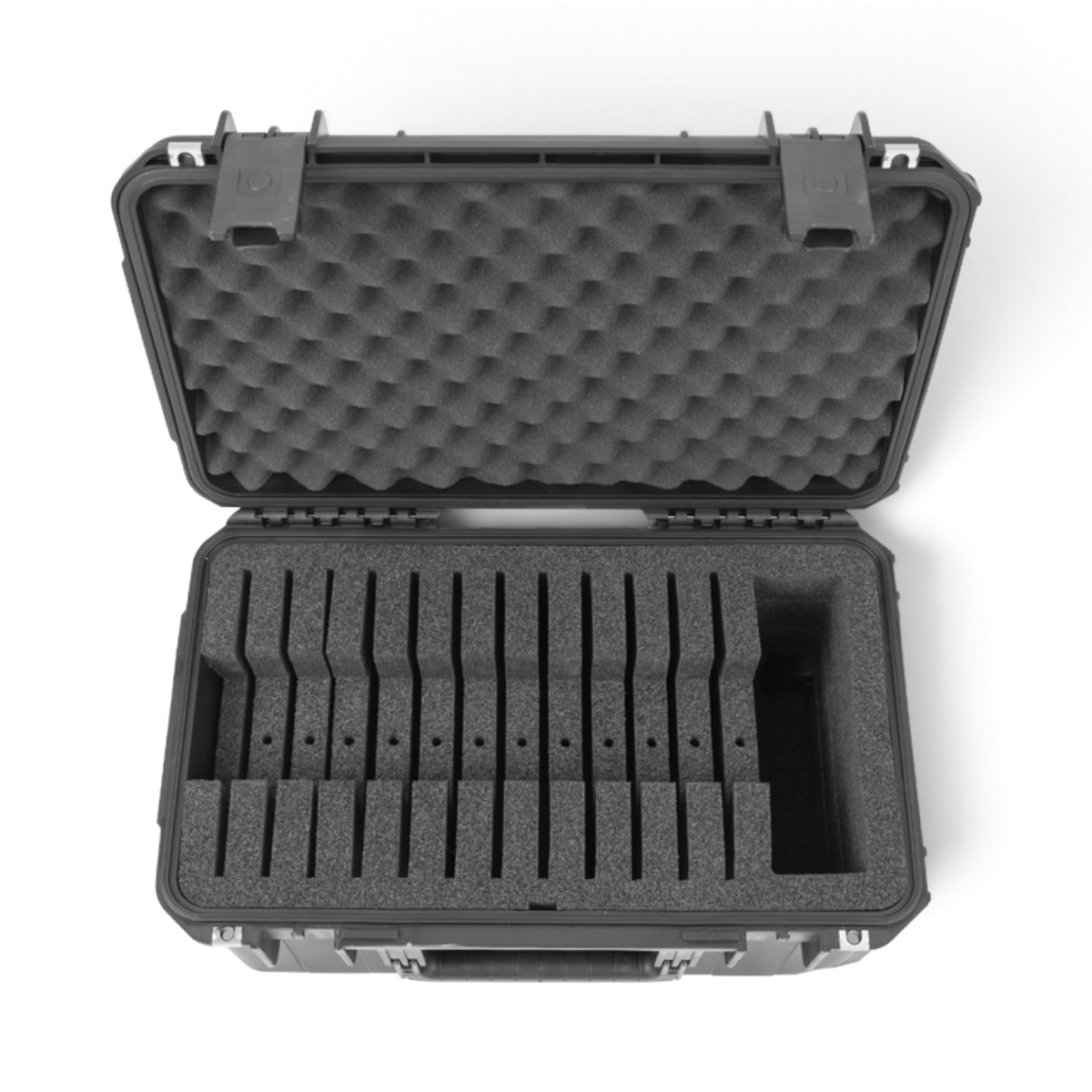 SKB Cases iSeries 2011-10 waterproof hard case with foam interior for 12 iPads, open view.