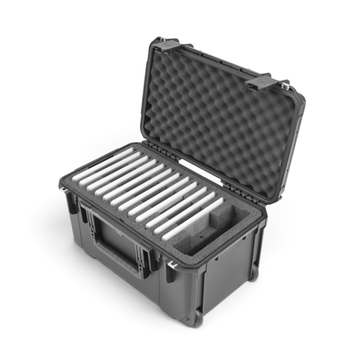 SKB Cases iSeries 2011-10 waterproof hard case with foam interior for 12 iPads, featuring wheels and pull handle.