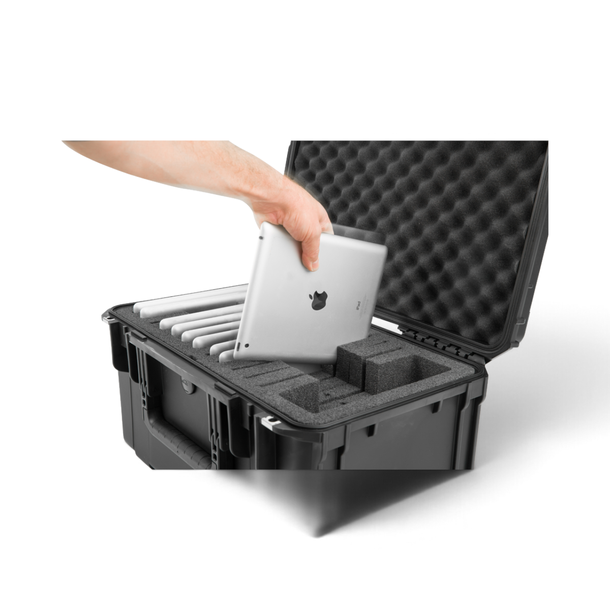 SKB Cases iSeries 2011-10 waterproof hard case with foam interior holding 12 iPads for secure field transport.