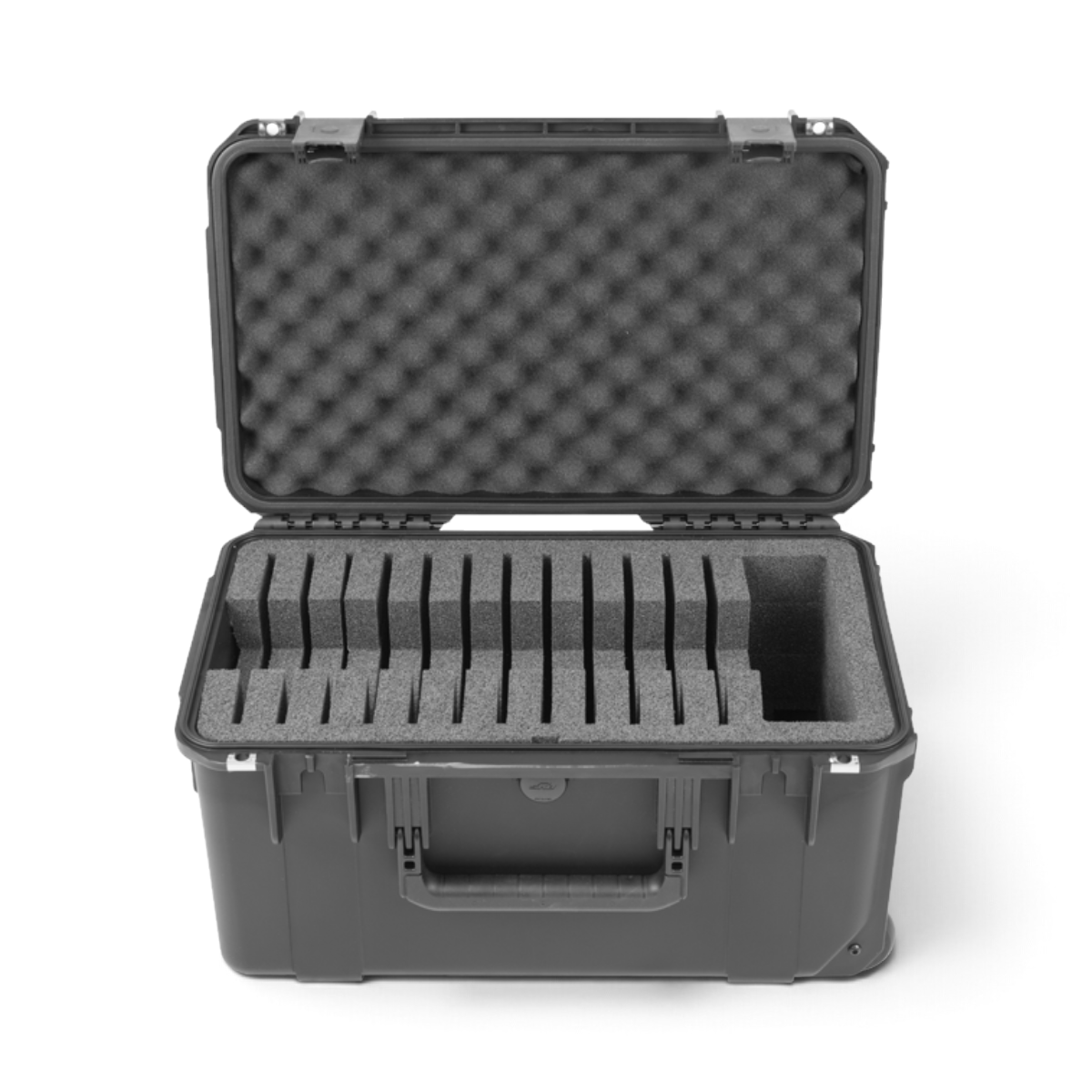 SKB Cases iSeries 2011-10 waterproof hard case with foam interior for 12 iPads and accessories, open view.