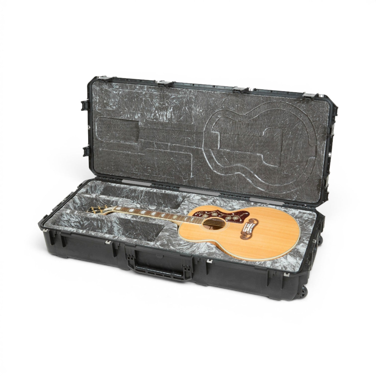 SKB Cases iSeries waterproof jumbo acoustic guitar case with a plush interior and durable black polypropylene shell.