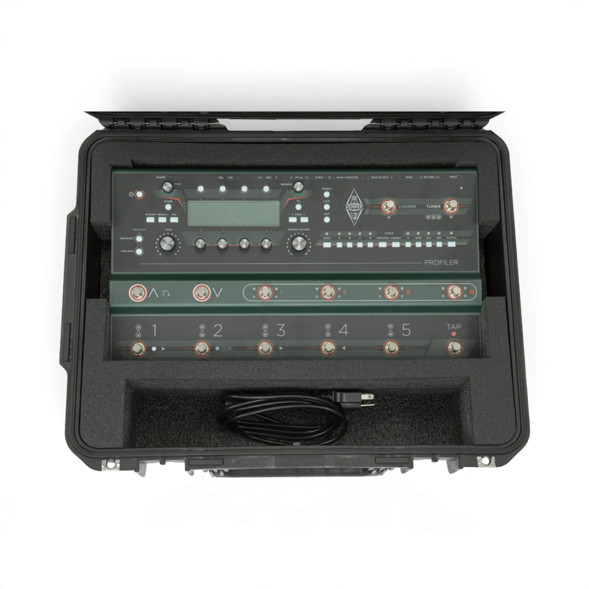 SKB Cases iSeries waterproof hard case with custom foam interior holding a Kemper Profiler Stage and power cable.