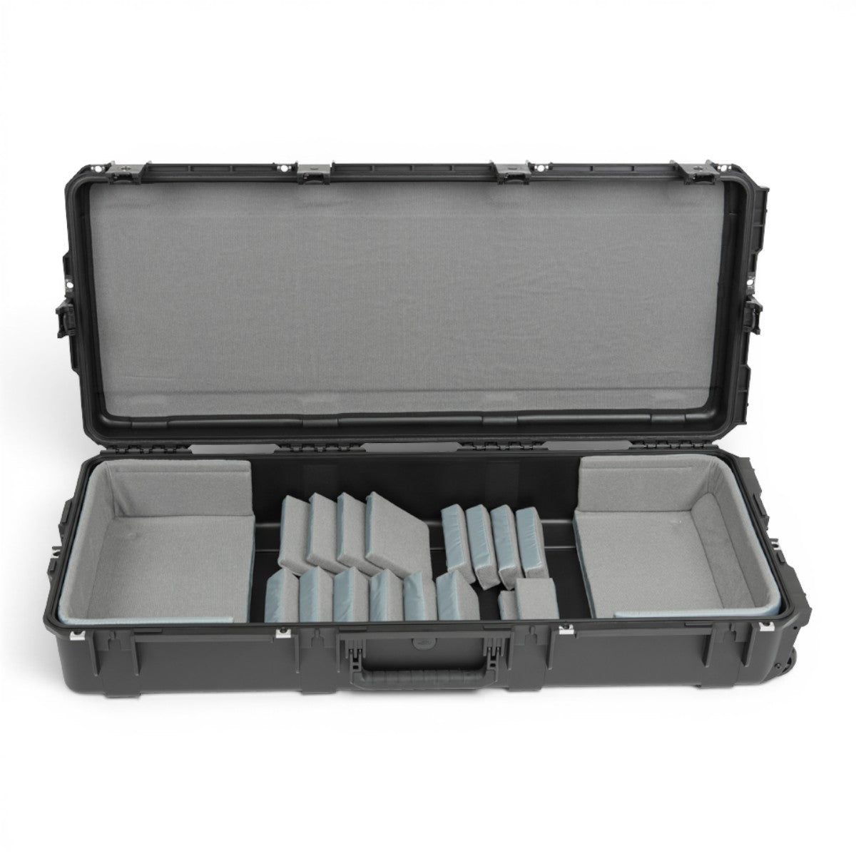 SKB Cases iSeries 61-note keyboard case in black with customizable grey Velex-covered foam interior pads.
