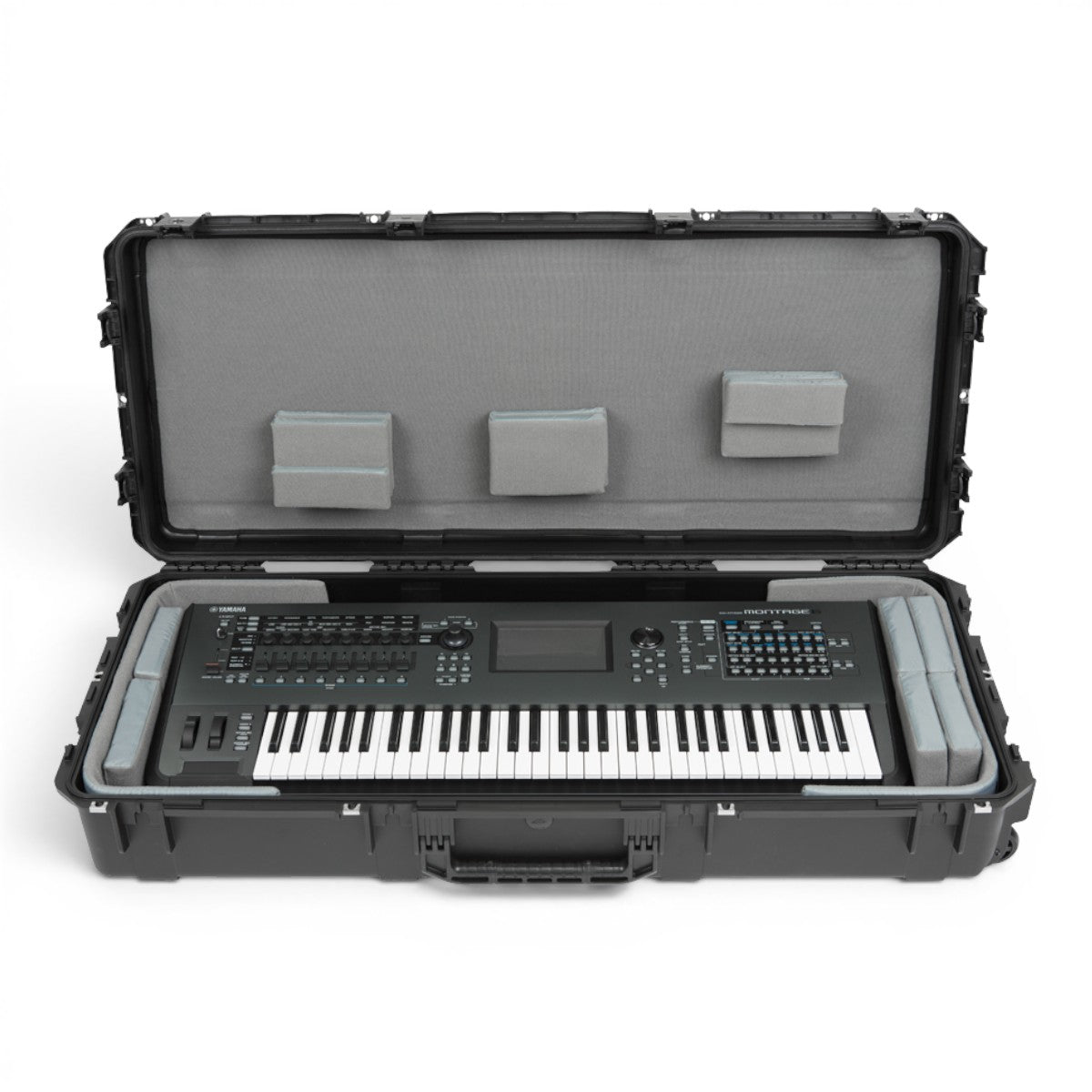 SKB Cases iSeries 61-note keyboard case with a black waterproof exterior and customizable grey foam interior padding.