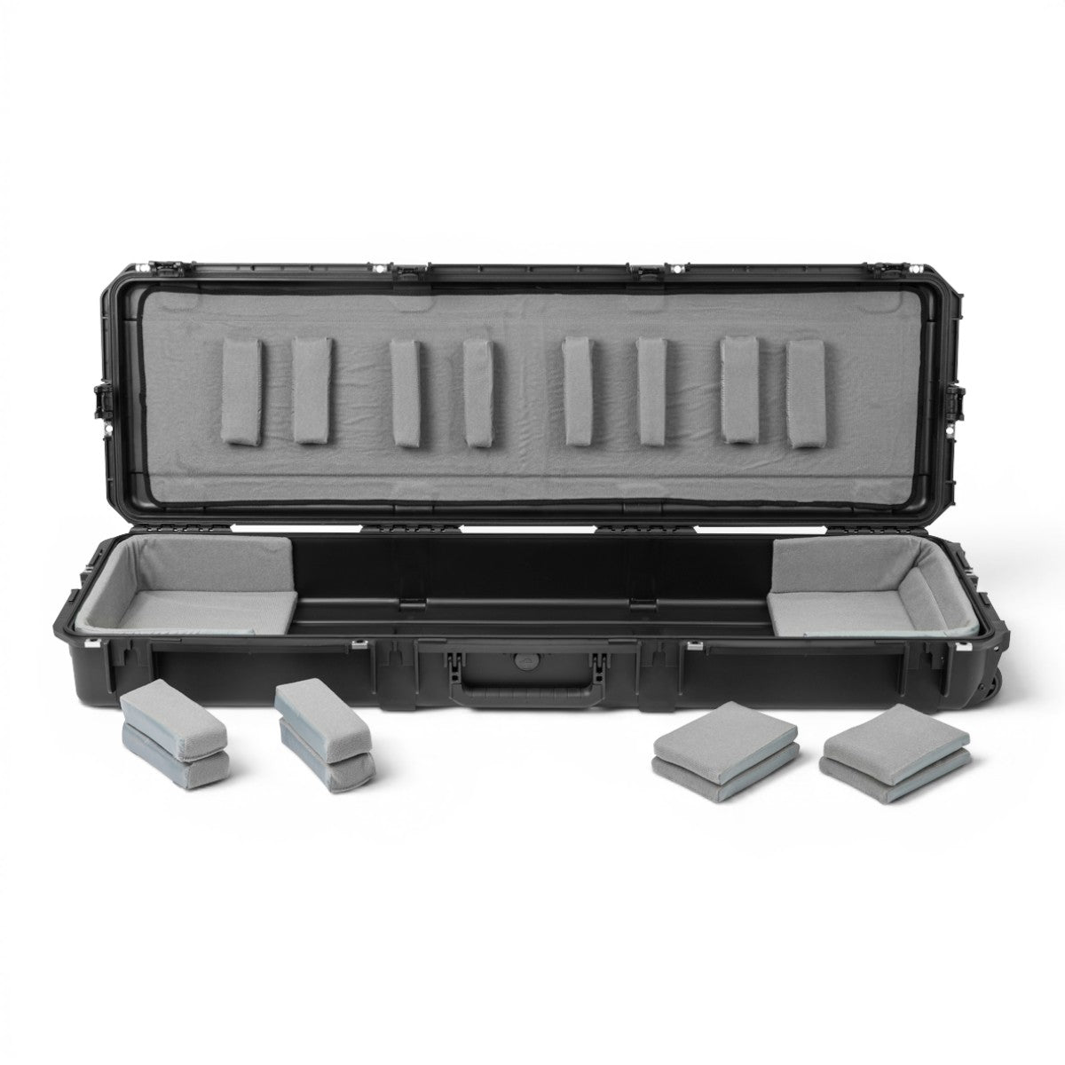 SKB Cases iSeries 76-note narrow keyboard case with customizable grey Velex foam pads and waterproof black shell.