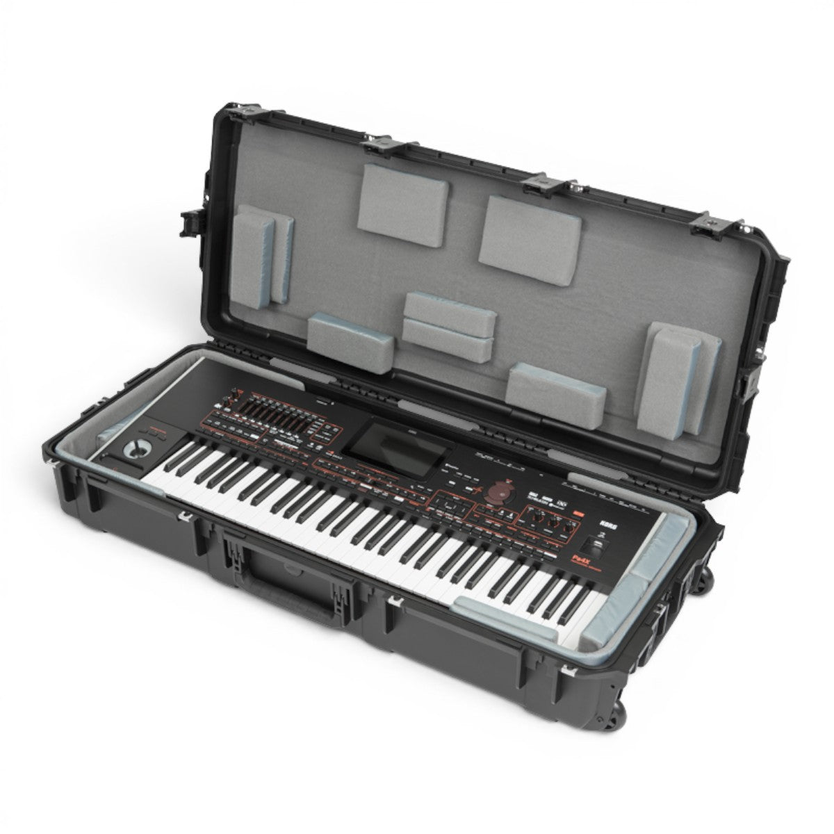 SKB Cases iSeries 61-note keyboard case in black with customizable grey foam interior and a Korg keyboard inside.