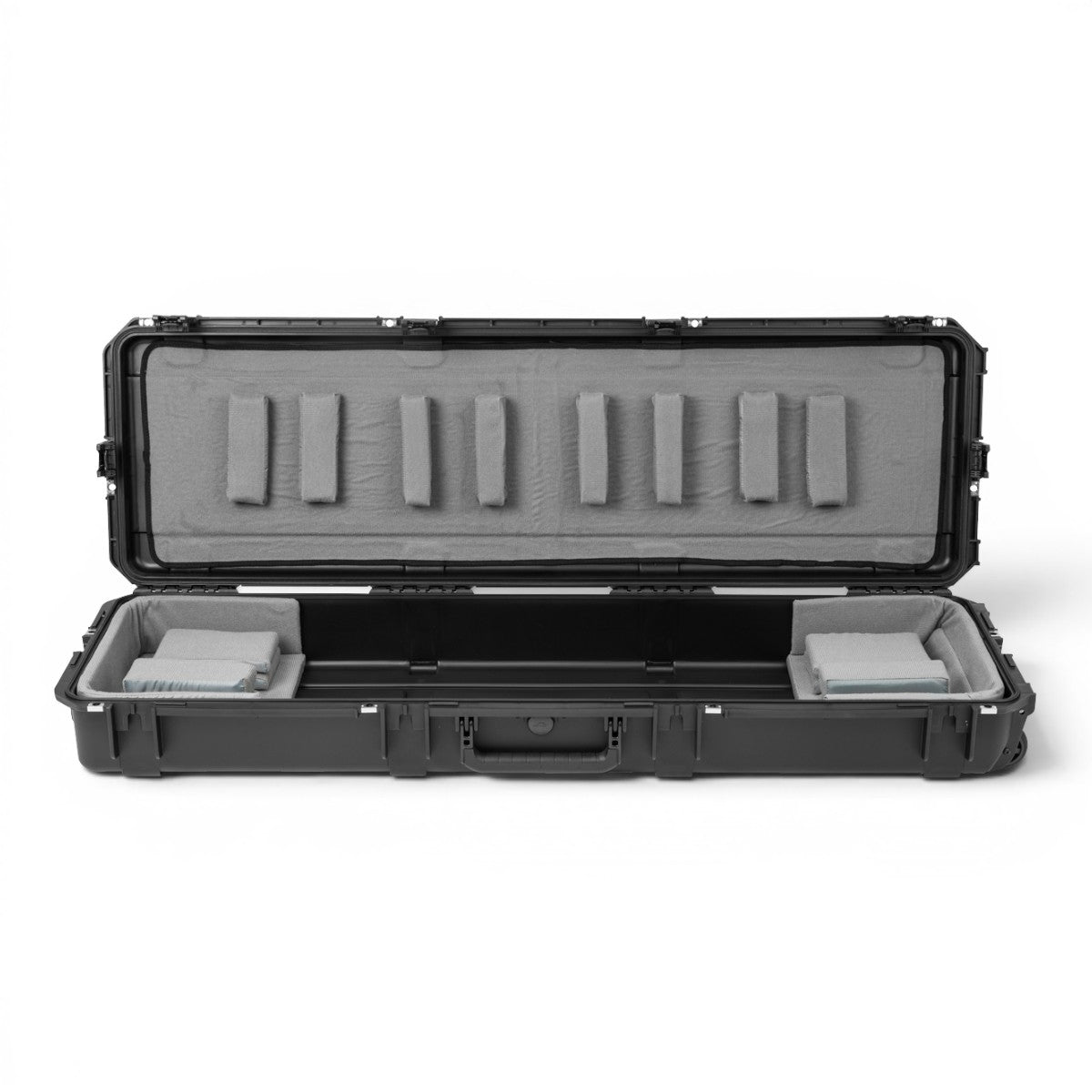 SKB Cases iSeries 76-note narrow keyboard case in black with customizable grey foam interior and locking latches.