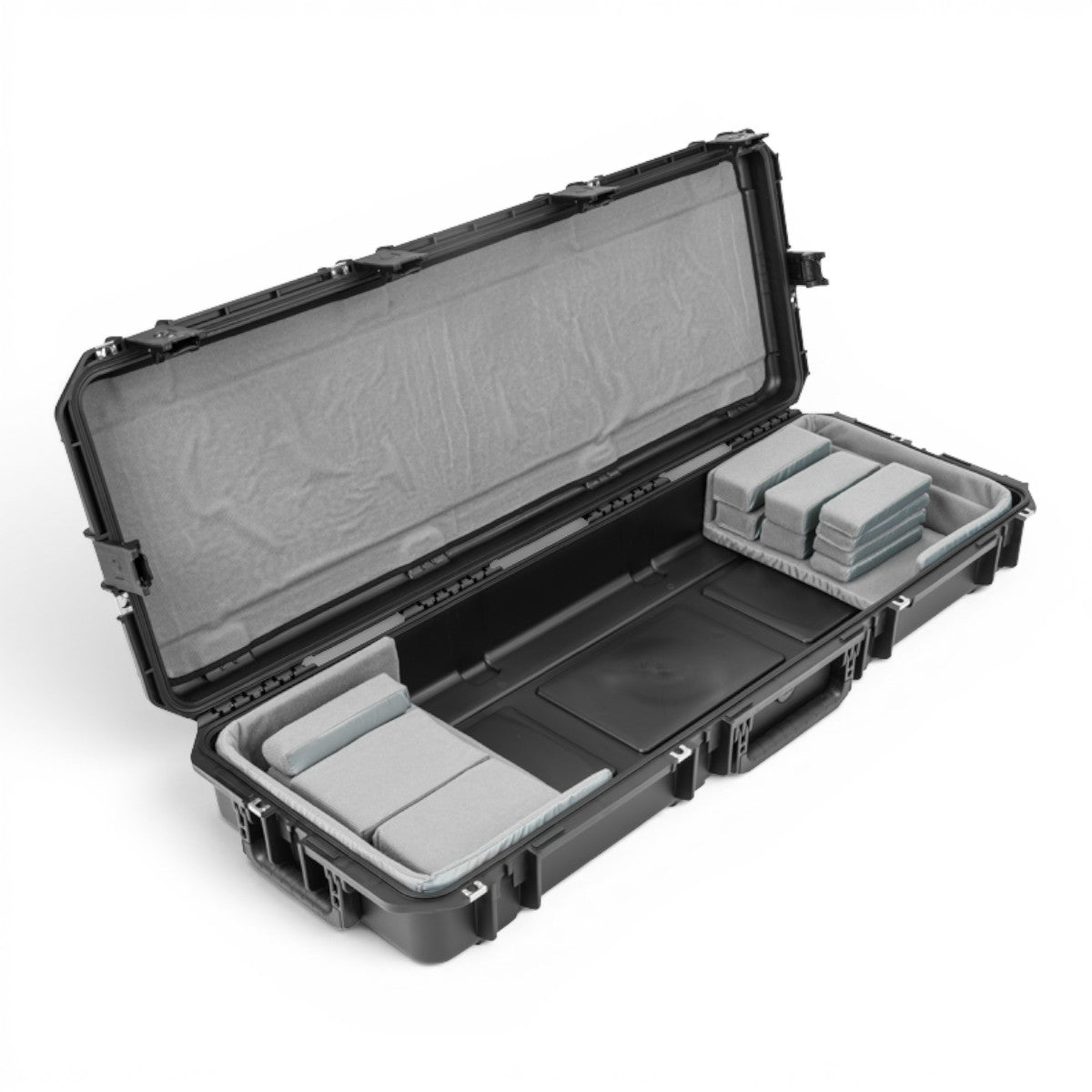 SKB Cases iSeries 61-note narrow keyboard case in black with customizable grey foam interior pads and locking latches.