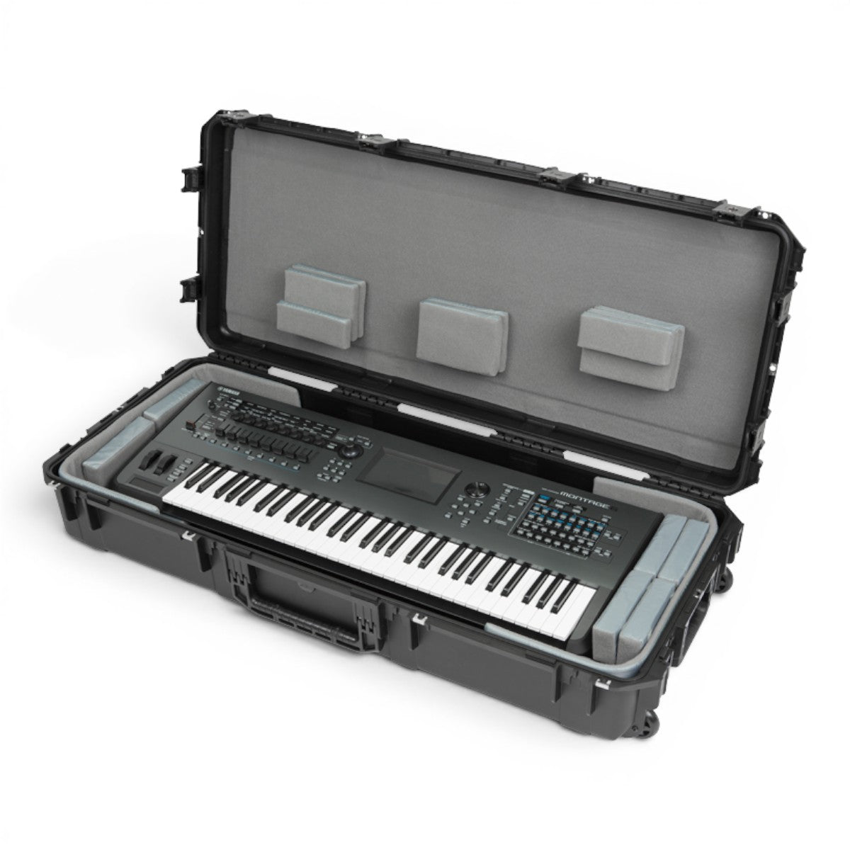 SKB Cases iSeries 61-note keyboard case in black with a Yamaha Montage 6 keyboard inside and adjustable foam padding.
