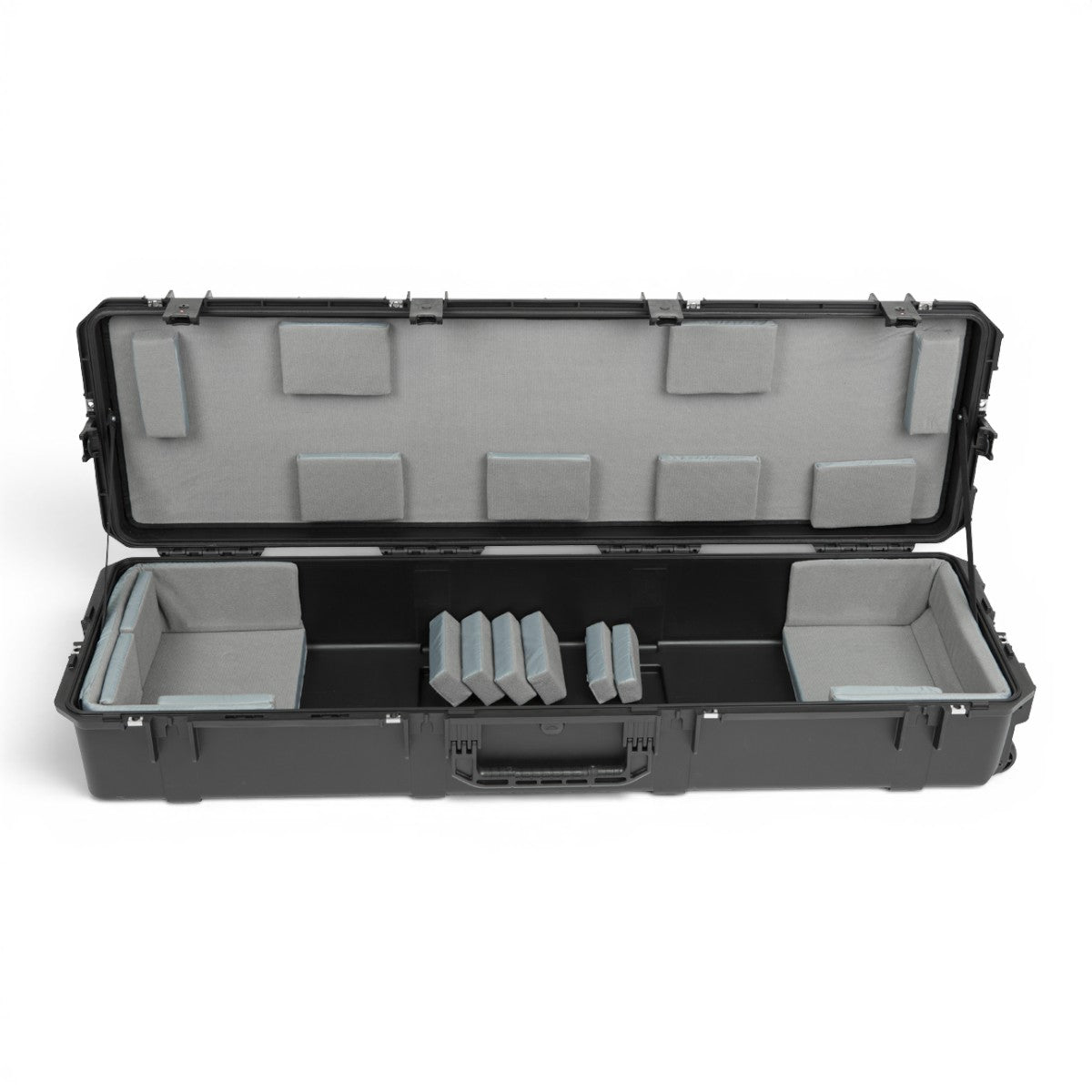 SKB Cases iSeries 88-note keyboard case with black waterproof exterior and customizable grey foam interior pads.