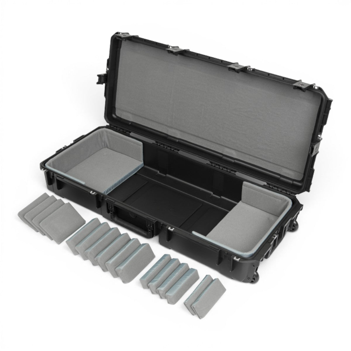 SKB Cases iSeries 61-note keyboard case with black waterproof shell and customizable grey foam interior inserts.